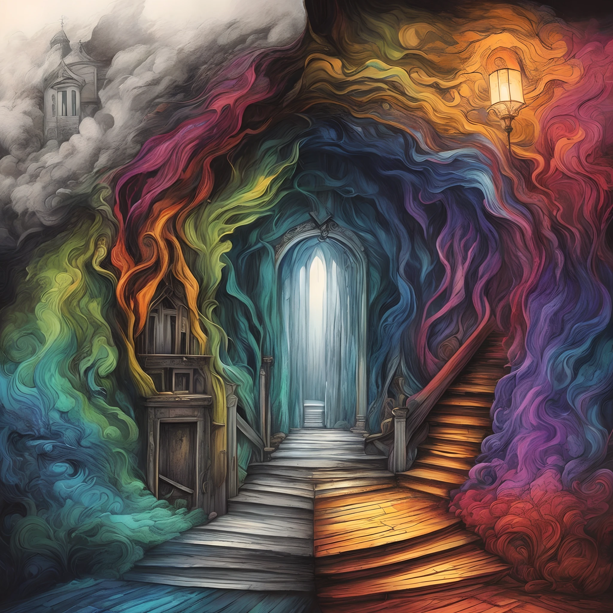 a painting of a stairway leading to a rainbow tunnel, intricate rainbow environment, colorful and dark, colorful concept art, entrance to ethereal realm, psychedelic surreal art, portal to the ethereal realm, dream portal, surreal colors, dan mumford and albert bierstadt, lgbt art, a portal to the lost flame realm, gateway to another dimension, dramatic entry, mystical colors