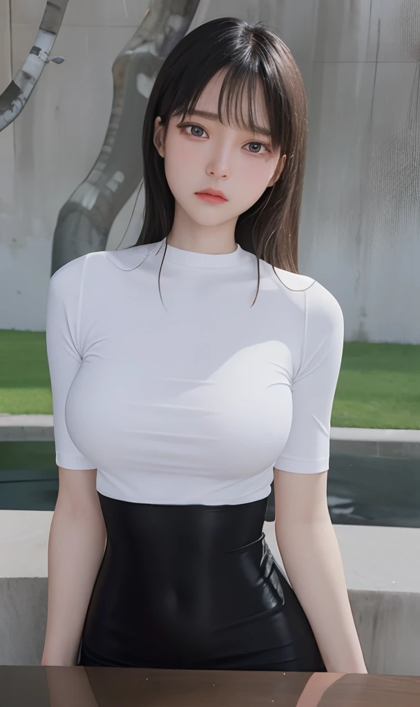 (Immature Slightly thin face),(Super swollen: Exaggerated scale: Swelling, Huge chest,super gigantic breasts),(Full clothing supported by breasts),long whitr hair,(Wearing a white tight T-shirt,Black miniskirt),Tight black tunic,White skinny shirt,white straitjacket,Tight short T-shirt,Pure black tight leather skirt,The skirt is super reflective,Plain white short T-shirt,,Pure temperament,perfect eyes,超高分辨率, Movie Angle, Professional lighting, best qualtiy, tmasterpiece, Perfect focus,Background bokeh,realisticlying,Ultra-high smooth and delicate fabric texture,Detailed face,8K facial detail,aggrieved look,Uncomfortable expression,shyexpression,The mouth is curved downward,Scowl,By bangs,(-year-oldan gi