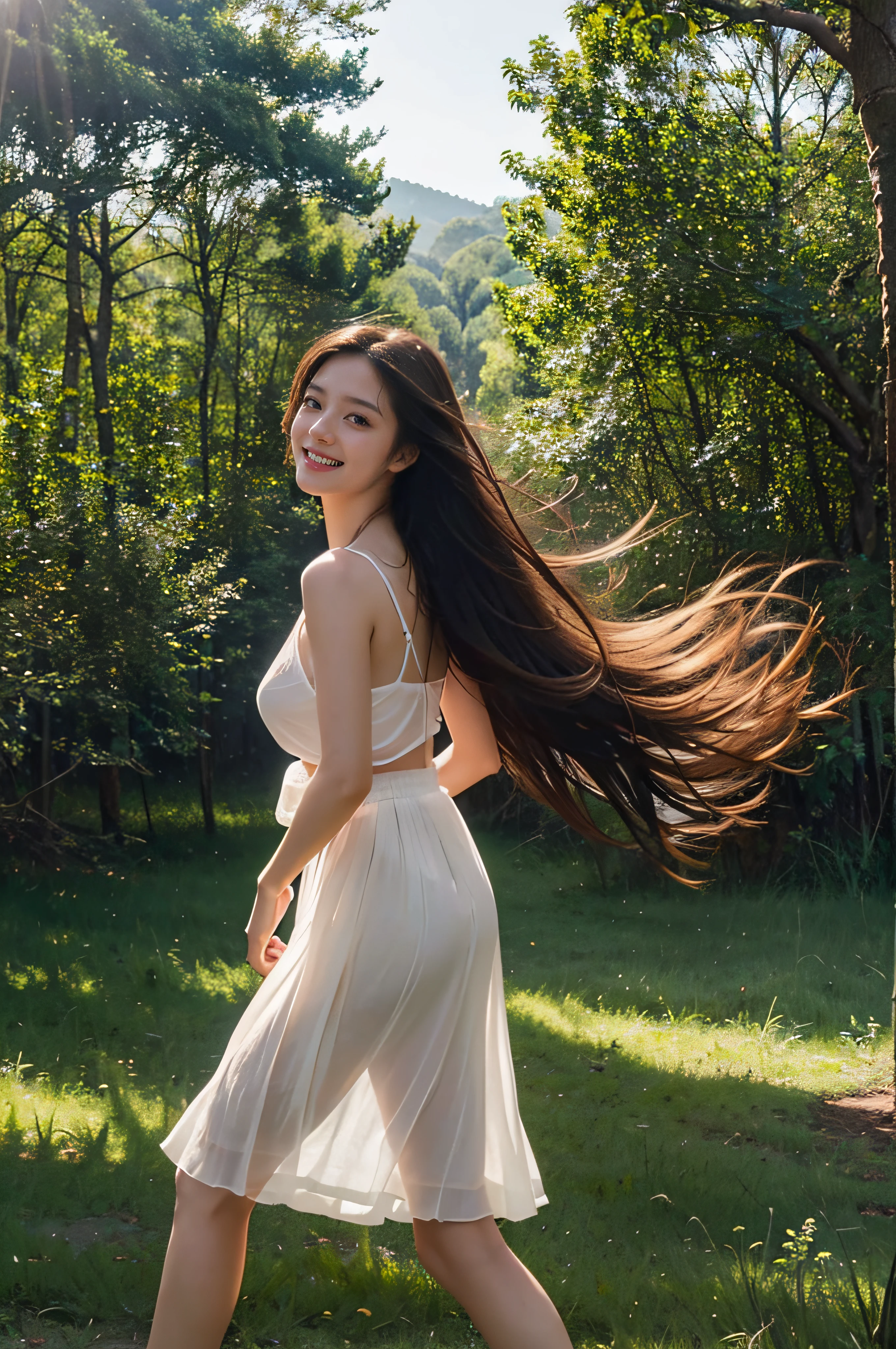 High resolution, (Official art, Beautiful and aesthetic: 1.2), Close View, Vast world, girl, Running, Refreshing smile, Transparent Long Skirt, Distant horizon, forest, natural beauty, inspiration, light effect、Camera takes pictures up close、(NSFW: 1.37)