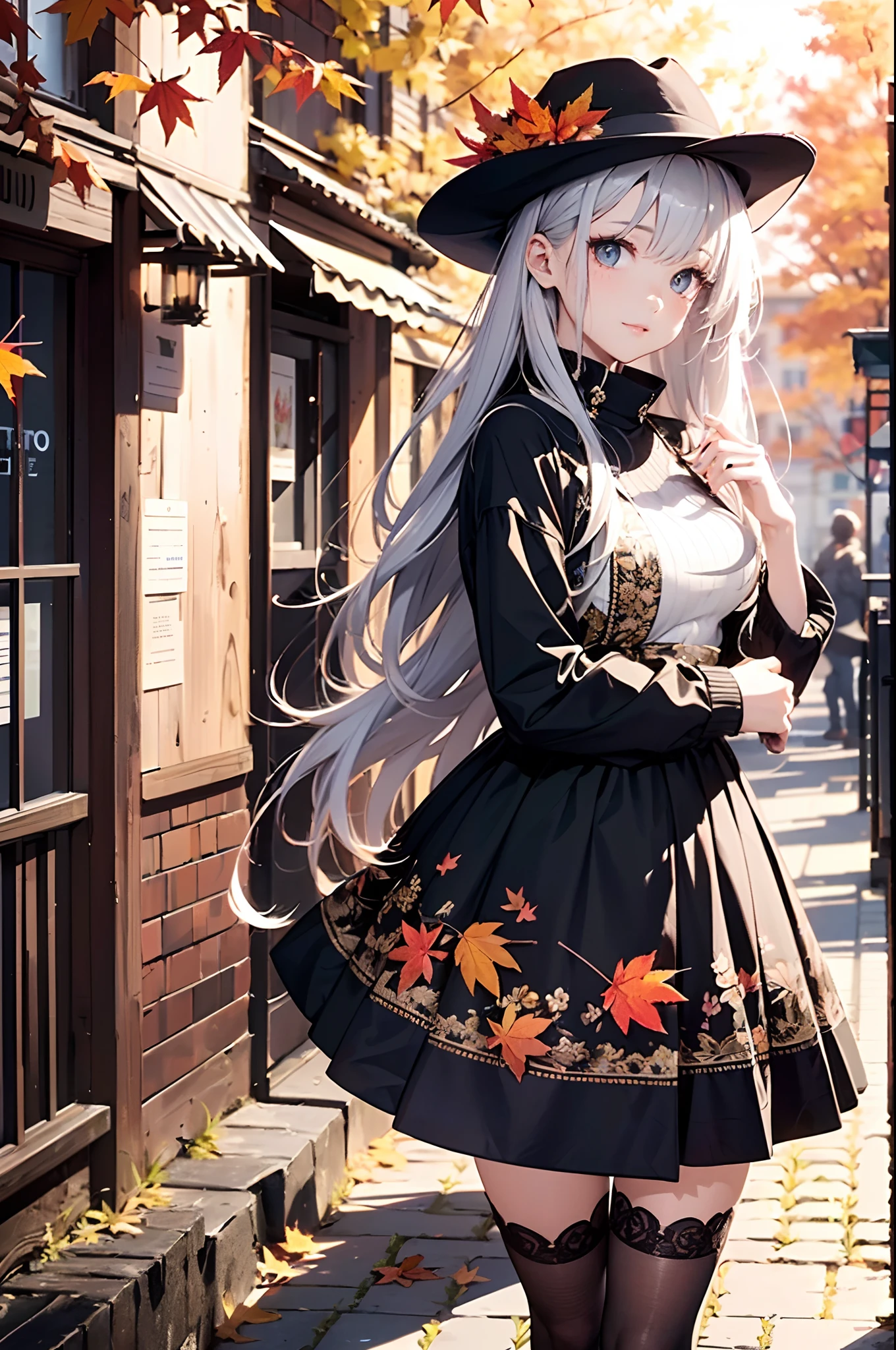 (Official art、Best Quality、Unity 8k Wallpapers、32K、masterpiece、ultra-detailliert、超A high resolution、realisitic、Photorealsitic:1.2)、(Cinematic lighting:1.2)、Fireglow effect、film grains、Best Shadows、Rim lighting、side lights、(Ultra-detailed and complex 3D rendering)、Detailed beautiful face and eyes、(Full body:1.2)、(sideshot、Looking away:1.2)、(Mystical)、Highly detailed background、beauitful face、blurry backround、(super detailed skin、detailed skin textures:1.3)、(Colored leaves、Autumn landscape:1.2)、cowboy shot、Sharp pupils、Realistic pupils、shinny skin、beauitful face、blurry backround、20-year-old beauty、shinny skin、Beautiful shiny black hair、Longhaire、Gray eyes、Hats、Gentle smile、Maxi skirt with a floral pattern、beauty legs、Knitted tops、foco nítido