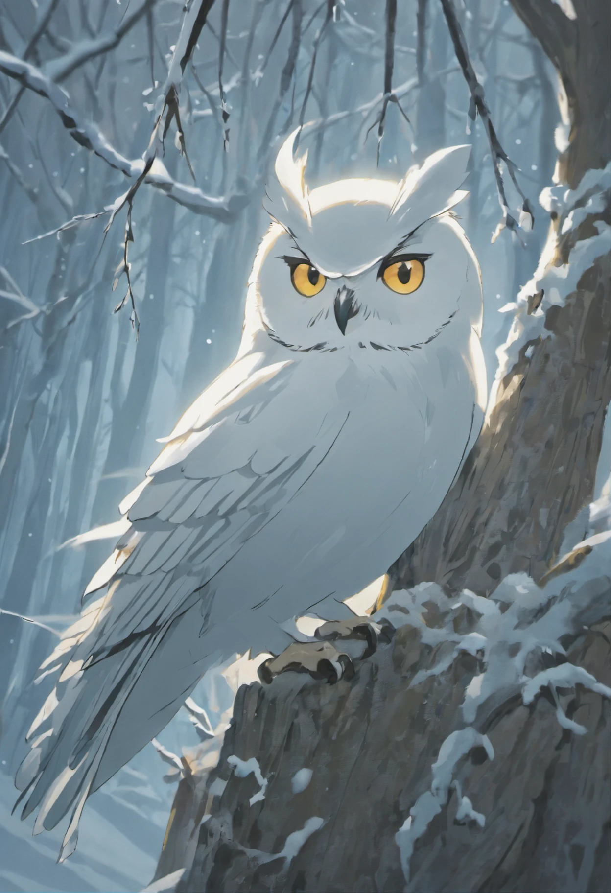 (Best Quality,4K,8K,hight resolution,masutepiece:1.2),Ultra-detailed,(Realistic,Photorealistic,Photorealsitic:1.37),White owl perching on a tree,Beautiful detailed eyes,Beautiful detailed plumage,Sleek and elegant appearance,Majestic snow-covered tree branches,Sharp Focus,Blue-white color palette,Soft natural lighting,Impressive contrast between owls and surroundings,Subtle details of the owl's beak and claws,feathery texture,Quiet winter atmosphere,Snowflake hint on foggy background,Frosty breath escaping from the beak of a white owl,Quiet silence and calm of the scene,Ethereal and magical atmosphere,Sensation of subtle movements in the posture of an owl,Impeccable execution of owl feathers,Textured bark,Subtle shadows and highlights of owl feathers,Signs of moonlight peeking through the branches,Peaceful and serene atmosphere