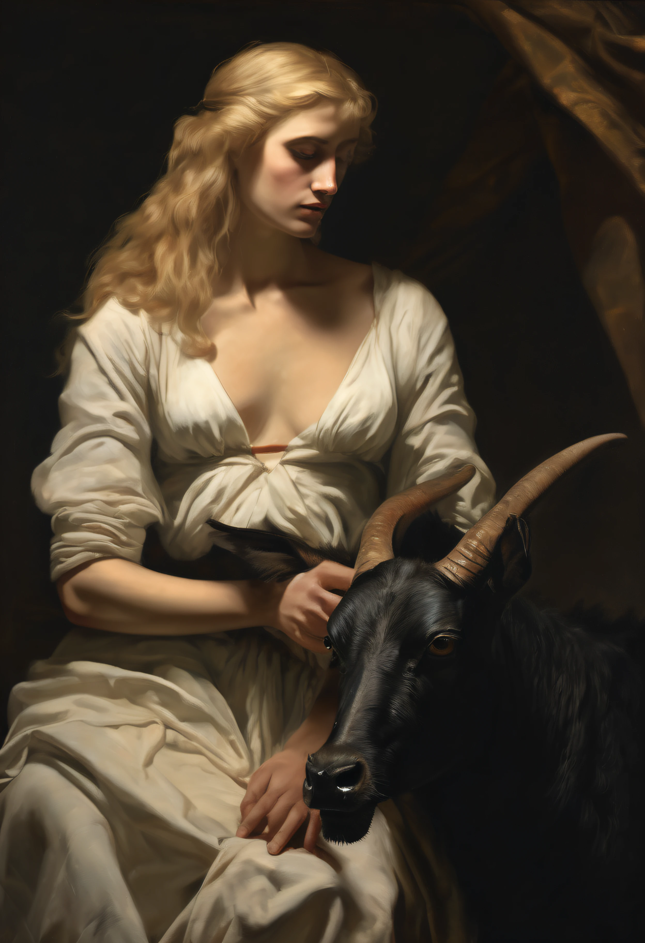 "(The best lighting, alto contraste, oscuro, dramatic),(Chica rubia junto a una cabra negra gigante, Open the rib cage, feto, autopsia, huesos humanos, sangre por las paredes). Luz Caravaggio"