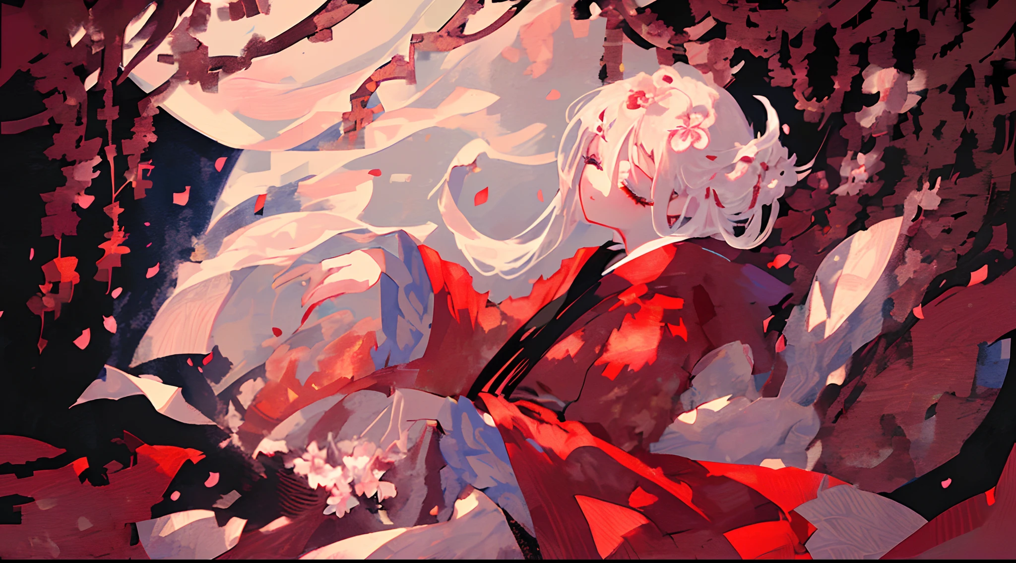 ((solo)), close-up side profile of a girl with eyes closed, ((head tilted up)), white hair that is tied up, (faint smile), flowing hair, burning flower on hair, falling petals, kimono, flowing cloth