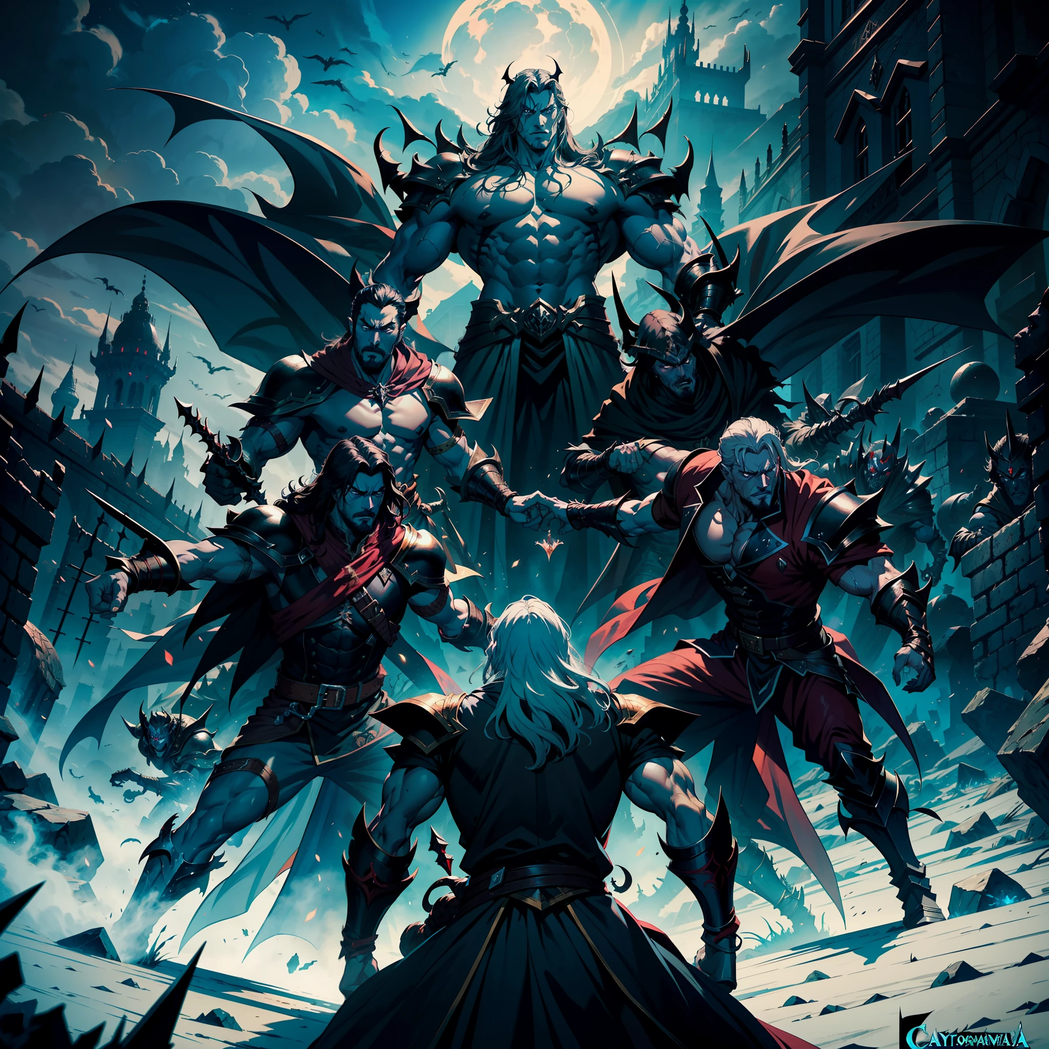 Castlevania Shadow Lord hyper realistic super detailed Lord Dracula handsome muscular wearing angry Islamic armor leading troops armed with demons into battle 3points perspective view bottom shot hyper realistic super detailed Dynamic shot Cinematic scenes from the movie Correct characters Anatomy Correct proportions Dynamic poses