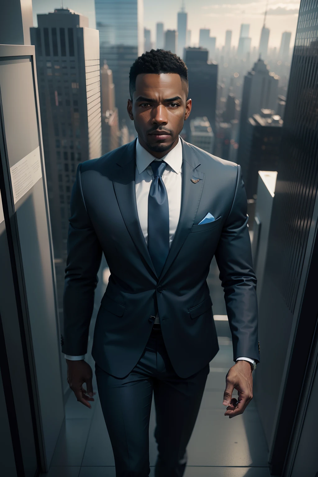 Black, businessman, Use a blue suit and tie, New York skyscraper office, Realistic, Cinematic, 4K