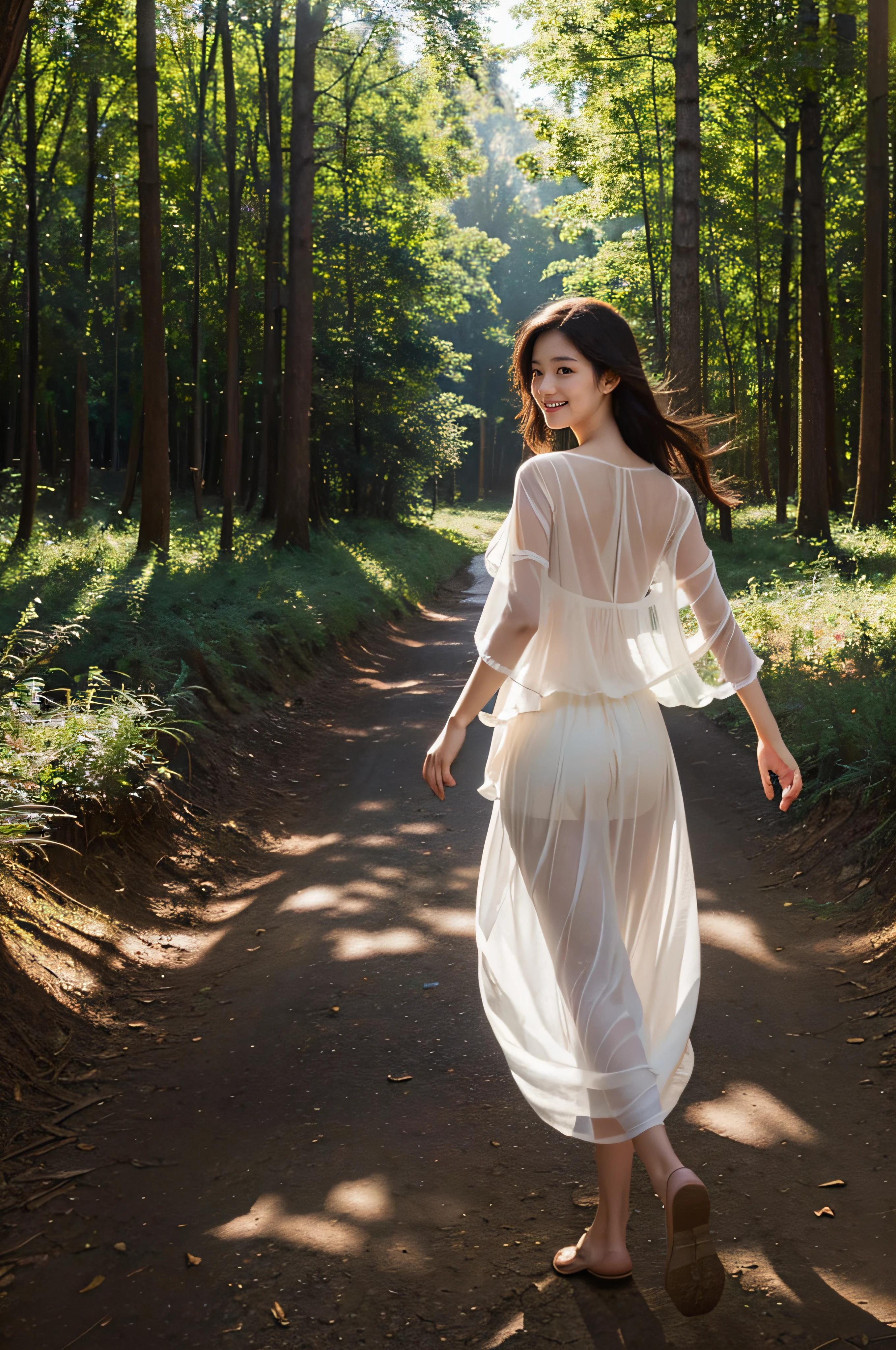 High resolution, (Official art, Beautiful and aesthetic: 1.2), Close View, Vast world, girl, Running, Refreshing smile, Transparent Long Skirt, Distant horizon, forest, natural beauty, inspiration, light effect、Camera takes pictures up close、(NSFW: 1.5)