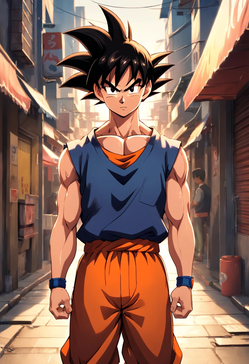 (Realistic,fotorrealista:1.37),ultra-detalhado,Detailed illustration of Goku(circunstanciado,emocional,Expressivo,feature),com roupas estilo streetwear(fashionable,Urbano,casual),Standing in a narrow alley(sombrio,corajoso,Urbano),criado com sombreamento e texturas detalhadas(linhas detalhadas,textured surfaces),cores vivas com uma mistura de tons vibrantes de arte de rua(grafity,Arte Pop,arte Urbanoa),exalando uma aura de poder(poderoso,Energetic,Dynamic presence). The lighting in the scene should be dramatic and focused, com fortes contrastes entre luz e sombra (dramatic lighting,High contrast lighting). Overall image quality should be of the highest standard (best quality,4k,8k,Altas,master part:1.2), capturando cada detalhe intrincado do rosto de Goku, penteado, garments, and muscular physique(tags adicionais para Goku: cabelo espetado, muscular build, confident expression, Olhos determinados).wedding scene of Goku and Chi-Chi  with hints of a city skyline in the background.