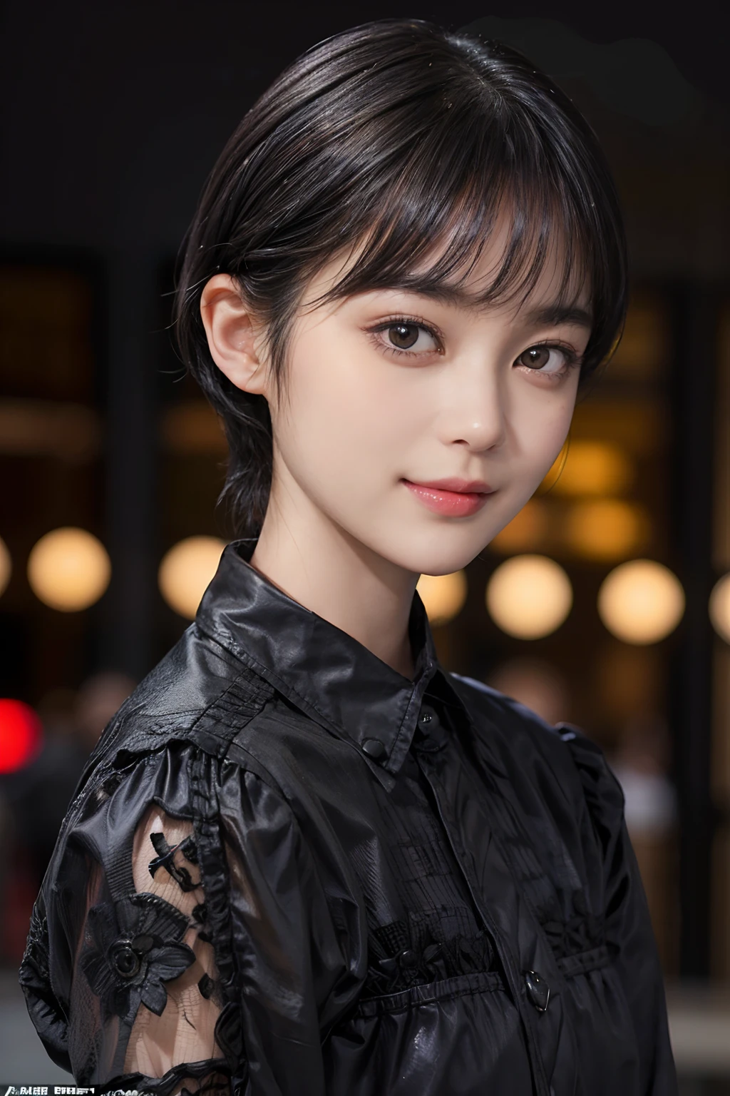 (Black Shorthair:1.3), (a 20 yo woman), (A hyper-realistic), (Masterpiece), (8KUHD), Looking at the camera, Beautiful woman, a smile, Tiger design