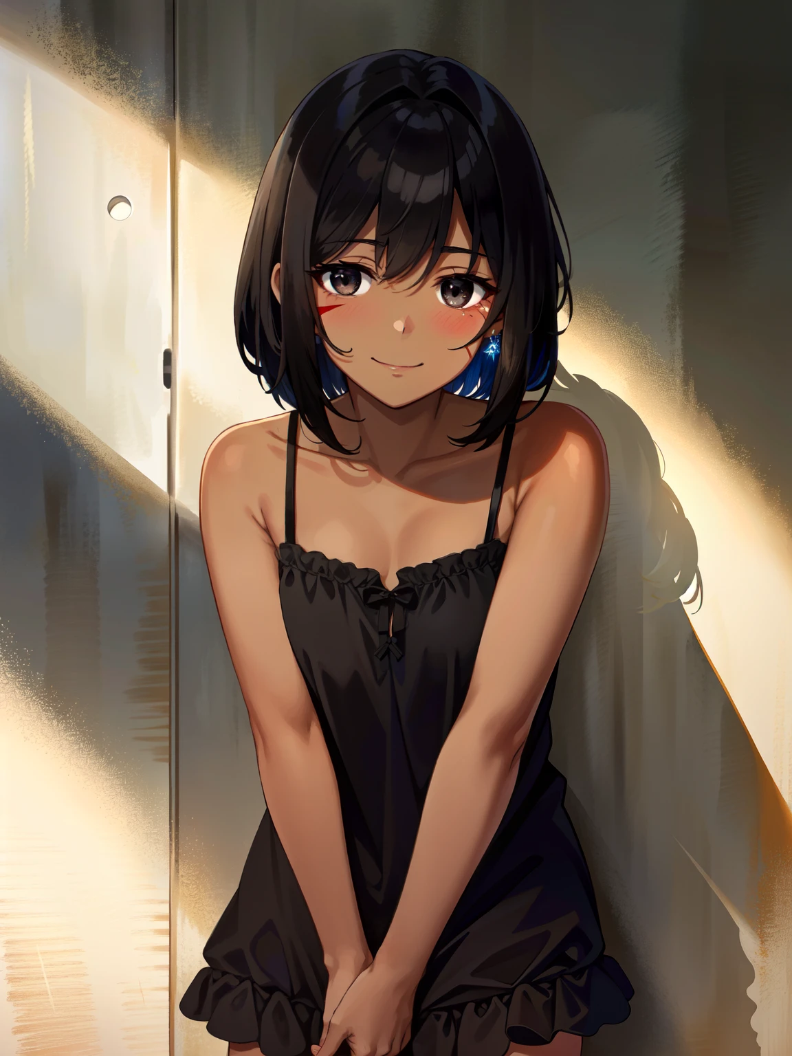 ((Masterpiece)), ((best quality)), (super detailed), 1 girl, sweaty skin, smile, navy blue eyes, (idol posing), (black hair) ((black shoulder-short hair)), right eye is hidden, ((long black bangs cover one eye)), small stature, small breasts, li, ((cute white camisole)), bedroom scenery, (cinematic lighting), backlighting, (shaded), detailed background, clear image, ((perfect hand))