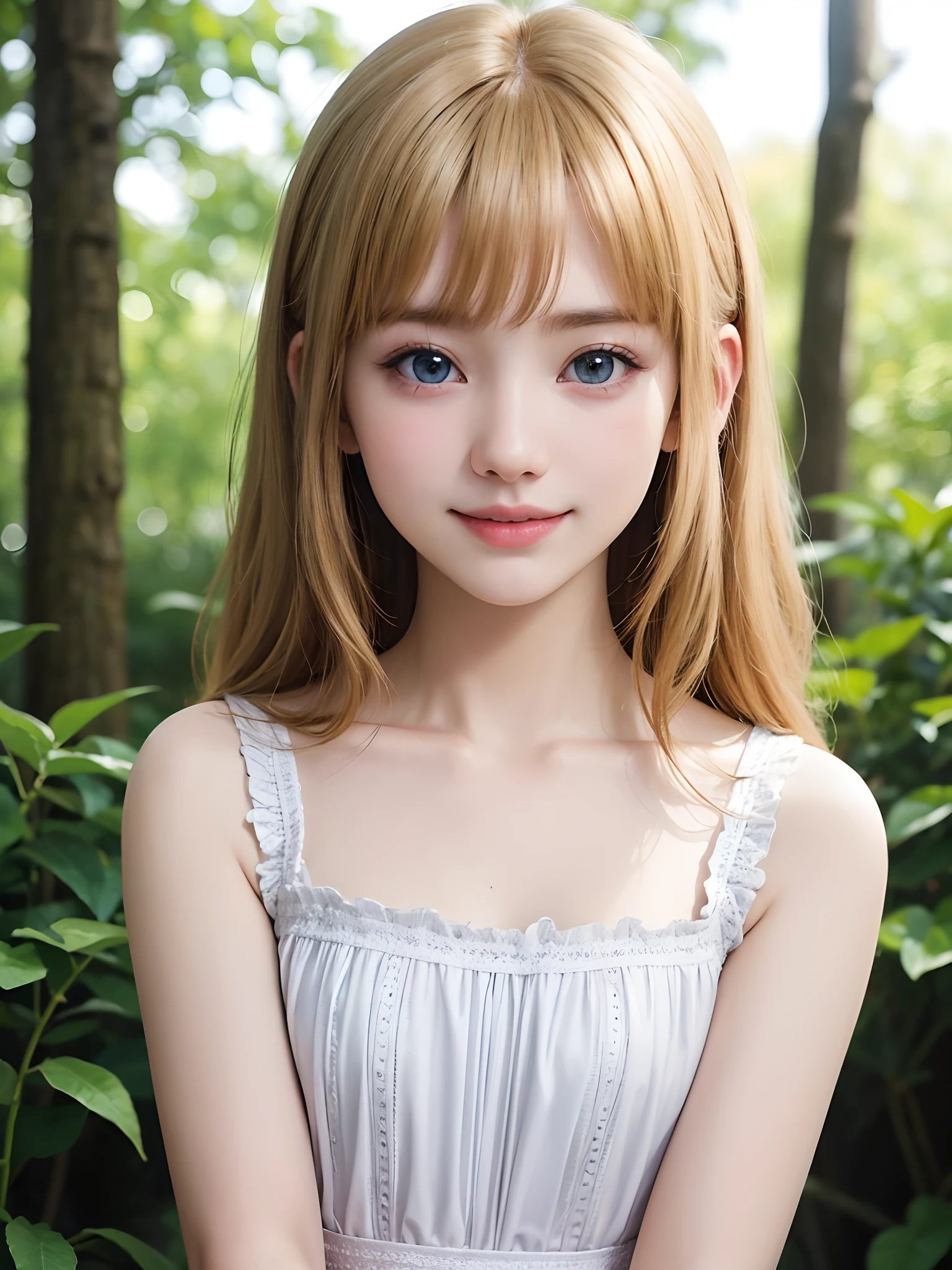 (masuter piece、Best Quality、masutepiece、Cute symmetrical face、Norse man、Beautiful blonde hair with bangs、Very small cute girl、One Very Young Girl、Very young pretty girl、Very young pretty girl、Very small cute girl、Deities々Shii Girl、Very young face、Symmetrical and very cute face、Show off your décolleté)、Beautiful shiny beautiful blonde hair with bangs、Intense crystal light blue eyes、no earrings:1.5、Beautiful white skin、5years old、Very young pretty girl:1.5、Deities々Little pretty girl、Cute white outfit、Very cute girl、happily laughing、Smile happily、The best smile、Beautiful teeth、Beautiful teeth alignment、Beautiful skins、Staring into the distance on the left、Forest with light on beautiful nature background、Deities々Deep forest background、cowboy  shot