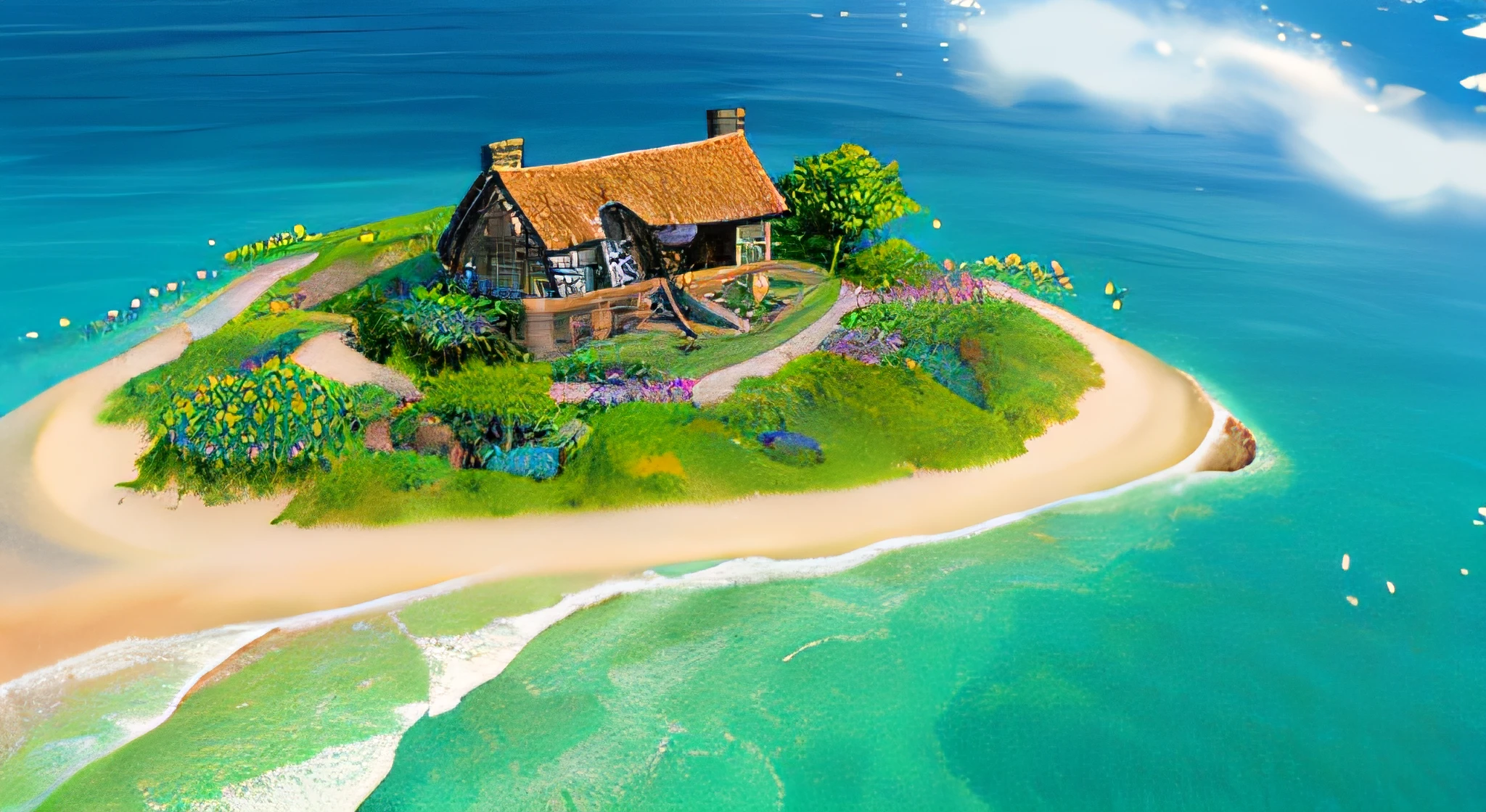 Beehive-shaped primitive chieftain hall ,Spring theme,Original Hall,Realistic,Heroes of the Storm,Beautiful isometric game art,A summer afternoon,The sun shines on the beach through the blue sky,The lights are dazzling