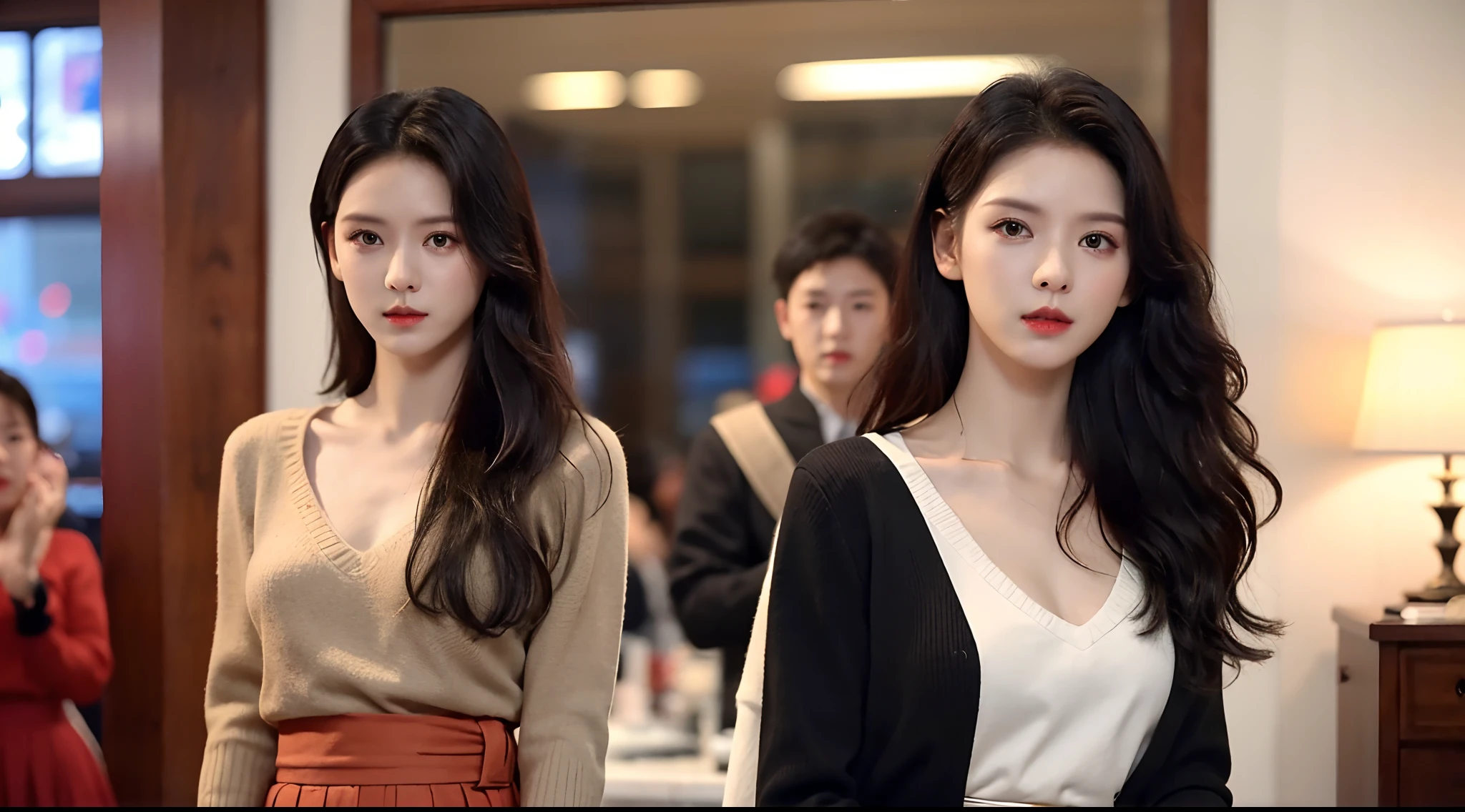 Realiy，8K，超高分辨率，Front light，rays of sunshine，suns，photographed，(the sea，sandbeach，visitor，Iot，sea shell，Kayaking，baiyun)，cotton candy， Female celebrities，long whitr hair，(Sweaters，long  skirt:1.2)，无袖,Hair_decorations, (Solo,solo person), Lace long gloves，jewelry，sash, Looking_at_peeping at the viewer, Bigchest，tight-fitting，(A half body，中景 the scene is)，Face lighting