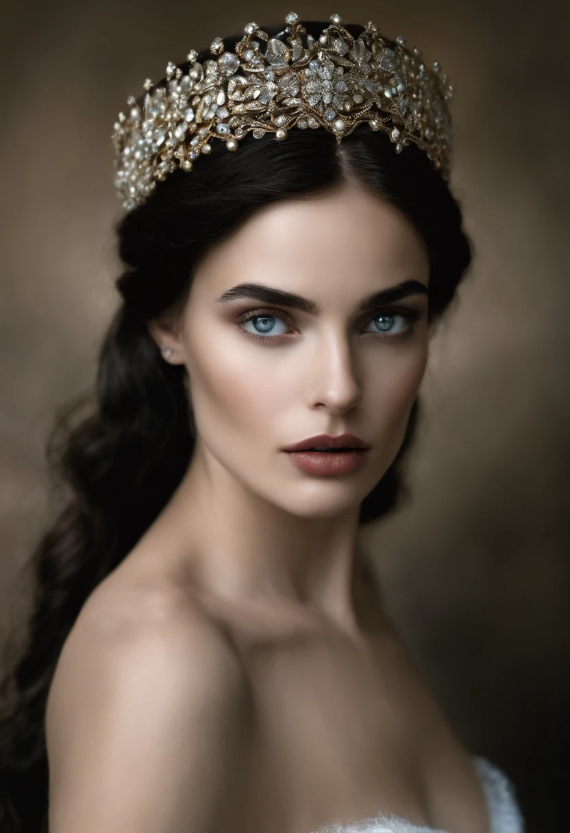 jeune femme, realiste, la peau tres blanche et de grand yeux noirs, des levres pulpeuses. elle est anorexique. Elle est nue