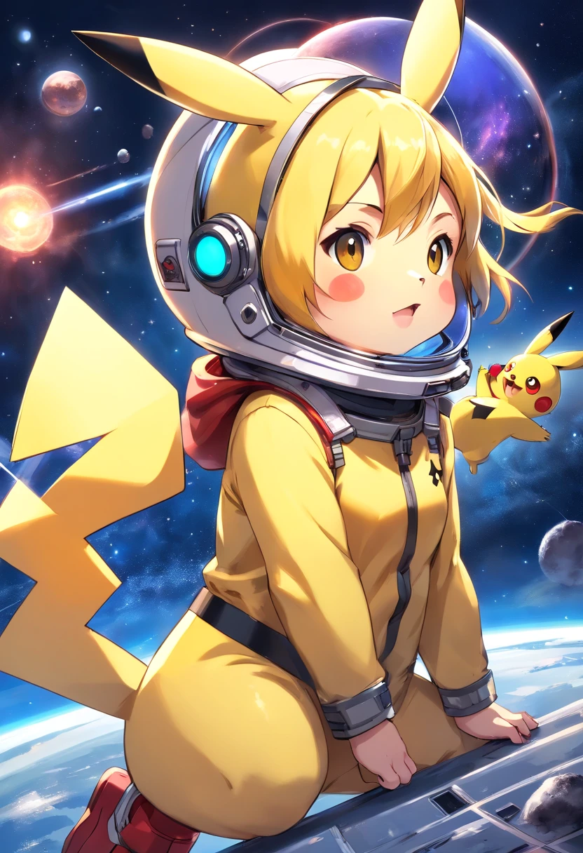Playful and cute Pikachu in astronaut clothes,Liveliness and agility,yellow and soft hair,red blush,Big sparkly eyes,Cute pointed ears。(Pikachu:1.5)