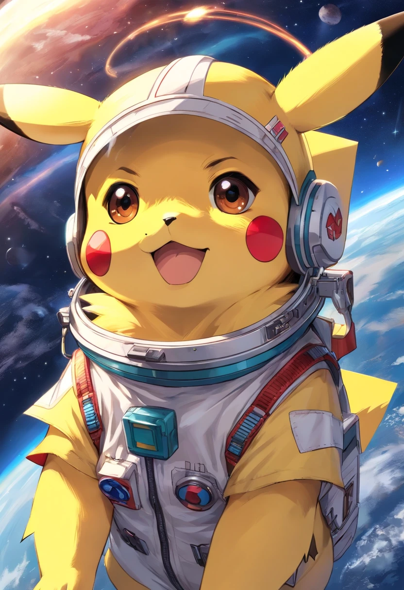 Playful and cute Pikachu in astronaut clothes，Liveliness and agility，yellow and soft hair，red blush，Big sparkly eyes，Cute pointed ears。(Pikachu:1.5)
