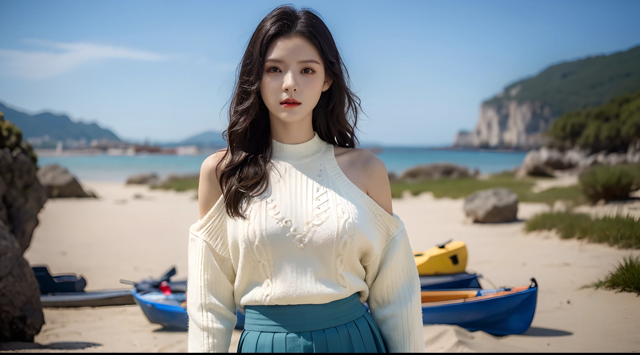 Realiy，8K，超高分辨率，Front light，rays of sunshine，suns，photographed，(the sea，sandbeach，visitor，Iot，sea shell，Kayaking，baiyun)，cotton candy， Female celebrities，long whitr hair，(Sweaters，long  skirt:1.2)，无袖,Hair_decorations, (Solo,solo person), Lace long gloves，jewelry，sash, Looking_at_peeping at the viewer, Bigchest，tight-fitting，(A half body，中景 the scene is)，Face lighting