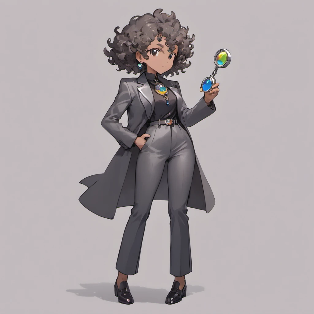 tailored, Charcoal gray pantsuit, Vintage brooch, Silver chain holds magnifying glass pendant, Black leather shoes, Brown skin,Middle age, Silver necklace, Curly hair, character turnaround, Front view, Side view, Back view