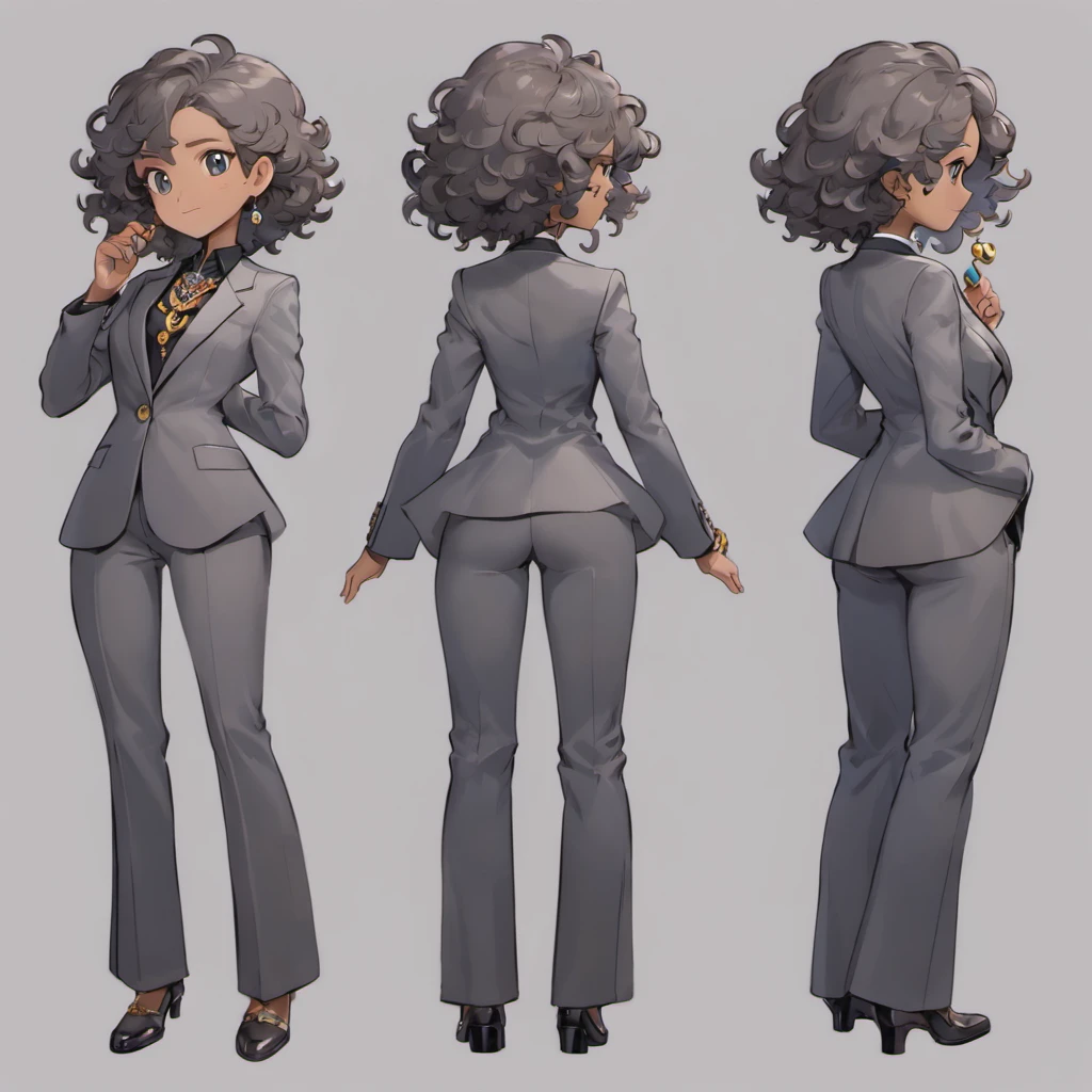 tailored, Charcoal gray pantsuit, Vintage brooch, Silver chain holds magnifying glass pendant, Black leather shoes, Brown skin,Middle age, Silver necklace, Curly hair, character turnaround, Front view, Side view, Back view