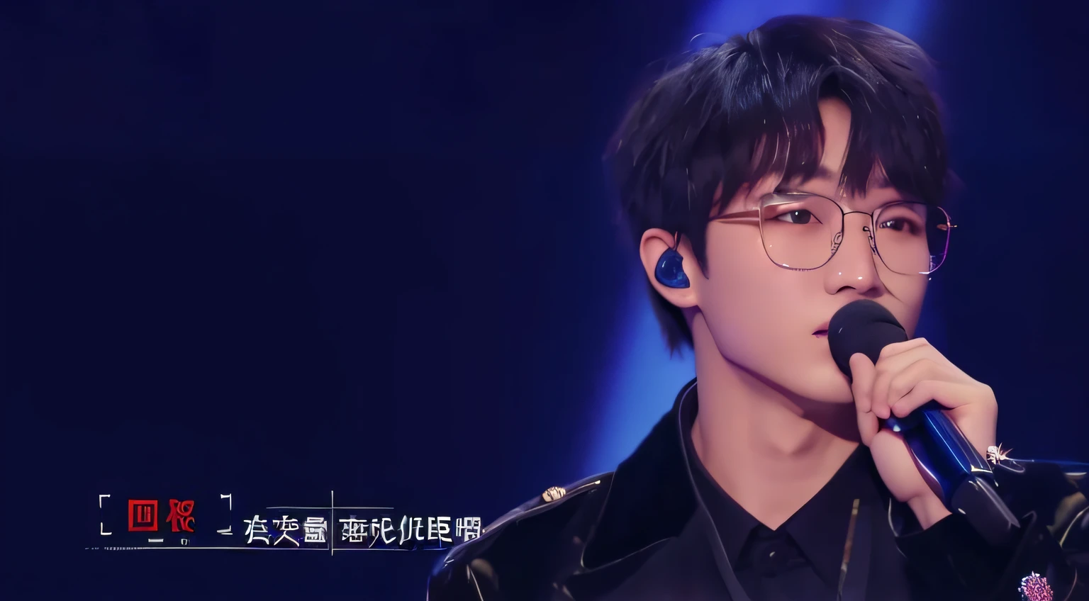 Handsome boy,Zhou Shen,singers,Hold the blue microphone in your left hand,gold-wire glasses,with a determined look in his eyes,Blue fur coat,Blue headphones,23years old,White,HighestQuali,tmasterpiece