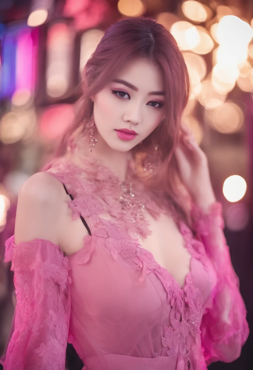 8k, Masterpiece, Photo brute, Best quality, photoreallistic, extremely detailed CG unity 8k wallpaper, profondeur de champ, cinematic light, Lens Flare, Ray Tracing, (extremely beautiful face, lovely lips, beaux yeux), intricate detail face, ((ultra detailed skin)) 1fille, Dans le noir, ombre profonde, Pretty Korean girl, Kpop Idol, 1 fille, (very thin and thin and muscular body:1.3), ((Regarder le spectateur)),(Grand sourire:1.3), (Tight lace-up blouse), (chemisier de couleur rose vif), (sans manches) , (Fashion City Night, Nuit noire, (Neon Sign), (blurred background), Fashion street party),(without people in the background:1.3), Beautiful earrings, Bracelets, collier, collants, yeux clairs, marche, (pale skinned), (Grands yeux), Face forward, (poils bruns), (Prise de vue du corps entier), ((Robe de couleur rose vif en soie:1.3)), ((Robe moulante)), ((laced dress)), (Regarder le spectateur:1.3) sein ouvert, very slim, seins moyens, faire demi-tour, (Rear shot), Accent sur le cul, front frontal,(Robe moulante), (Ultra mini jupe), medium butts