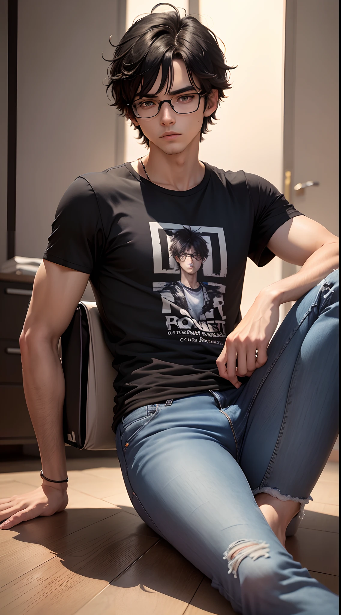 1 man 19 years old, black hair, messy hair, shaggy hair style, shoulder-length hair, bespectacled, hair over one eye, purple eyes, wearing black t-shirt, wearing long jeans, bare feet, from the front, front view, right hand holds laptop, Decisive eyes, face looking forward, prepare to run, free running, lower your back, slightly lower the body, left hand resting on the floor, full body, full character, extremely detailed, best graphics, 8k, ultrasharp, masterpiece