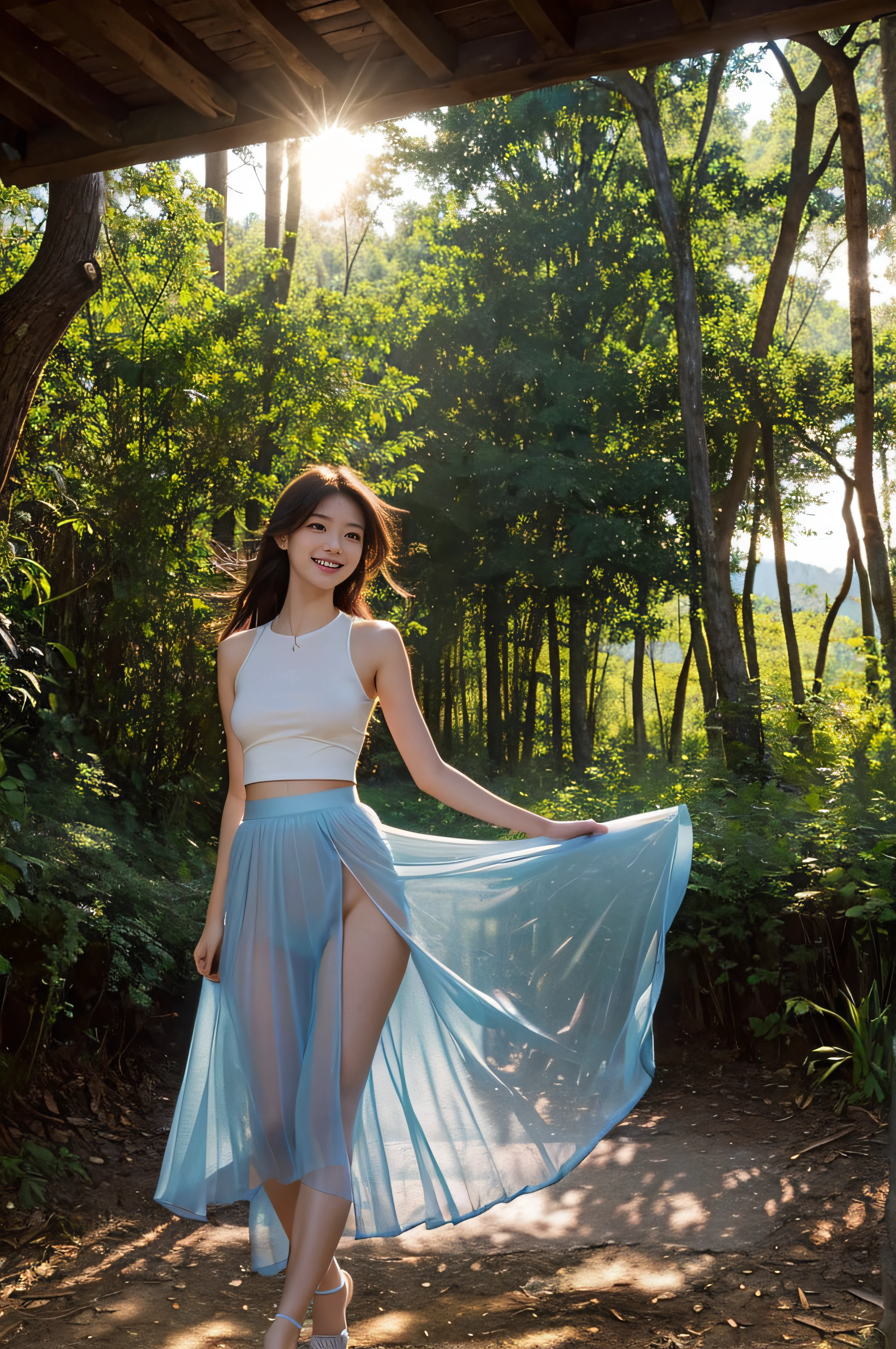High resolution, (Official art, Beautiful and aesthetic: 1.2), Close View, Vast world, girl, Running, Refreshing smile, (No panties), ((Ultra transparent long skirt)), Distant horizon, forest, natural beauty, inspiration, light effect、The camera takes pictures up close、(NSFW: 1.5)