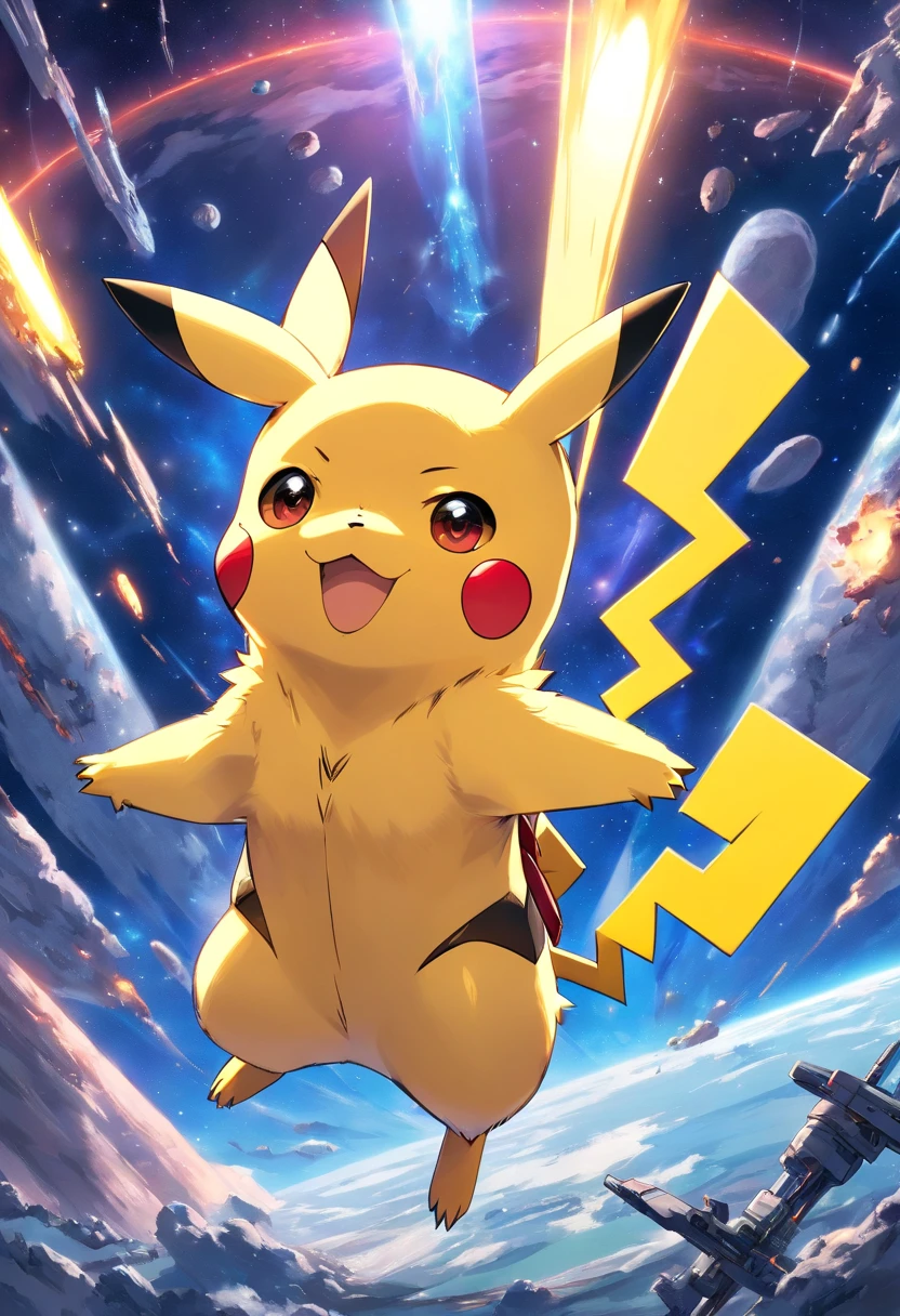 Verspieltes und niedliches Pikachu in Astronautenkleidung,Liveliness and agility,gelbes und weiches Haar,rotes Rouge,Size, funkelnde Augen,Niedliche spitze Ohren。(Pikachu:1.5)