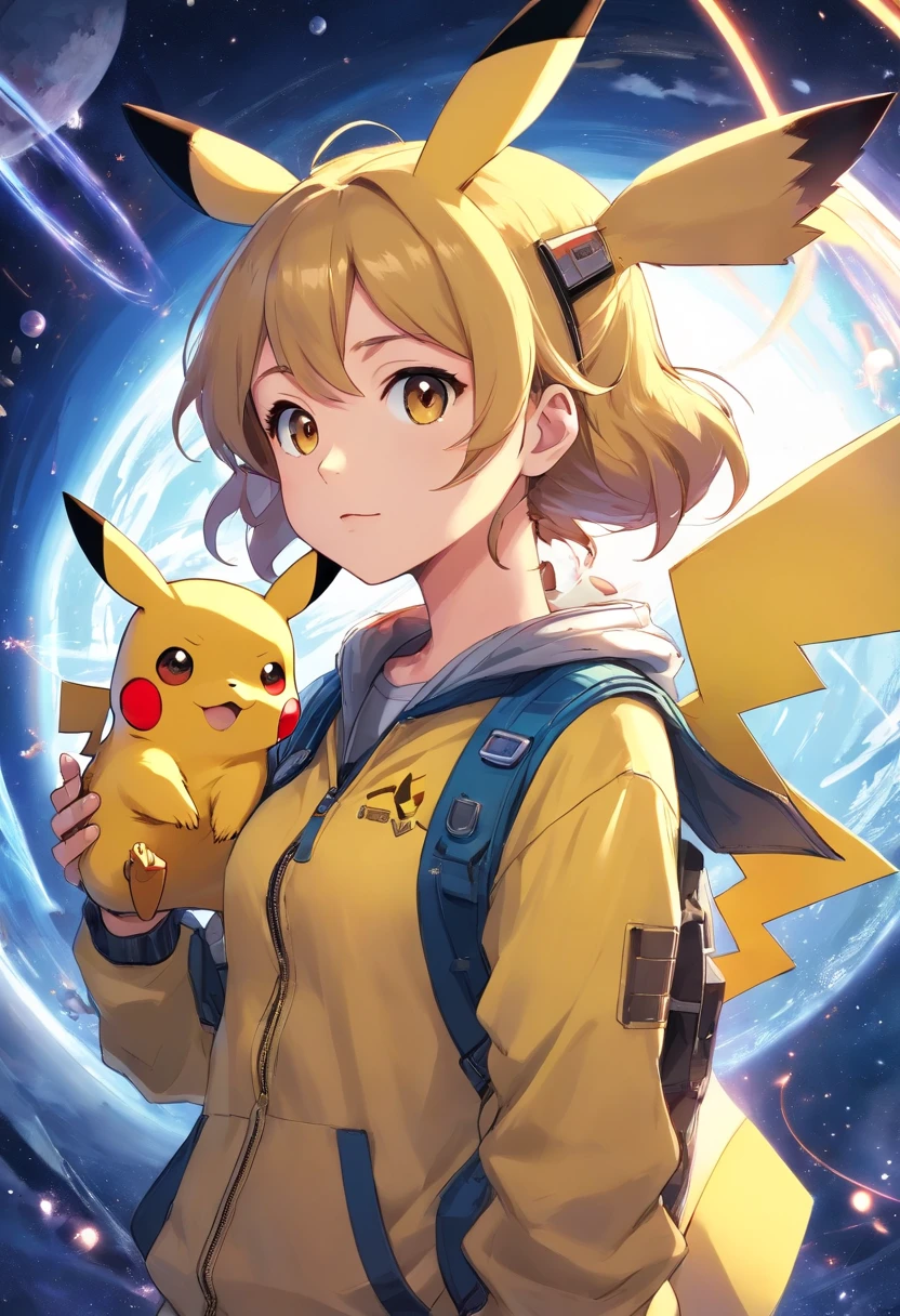 Verspieltes und niedliches Pikachu in Astronautenkleidung,Liveliness and agility,gelbes und weiches Haar,rotes Rouge,Size, funkelnde Augen,Niedliche spitze Ohren。(Pikachu:1.5)