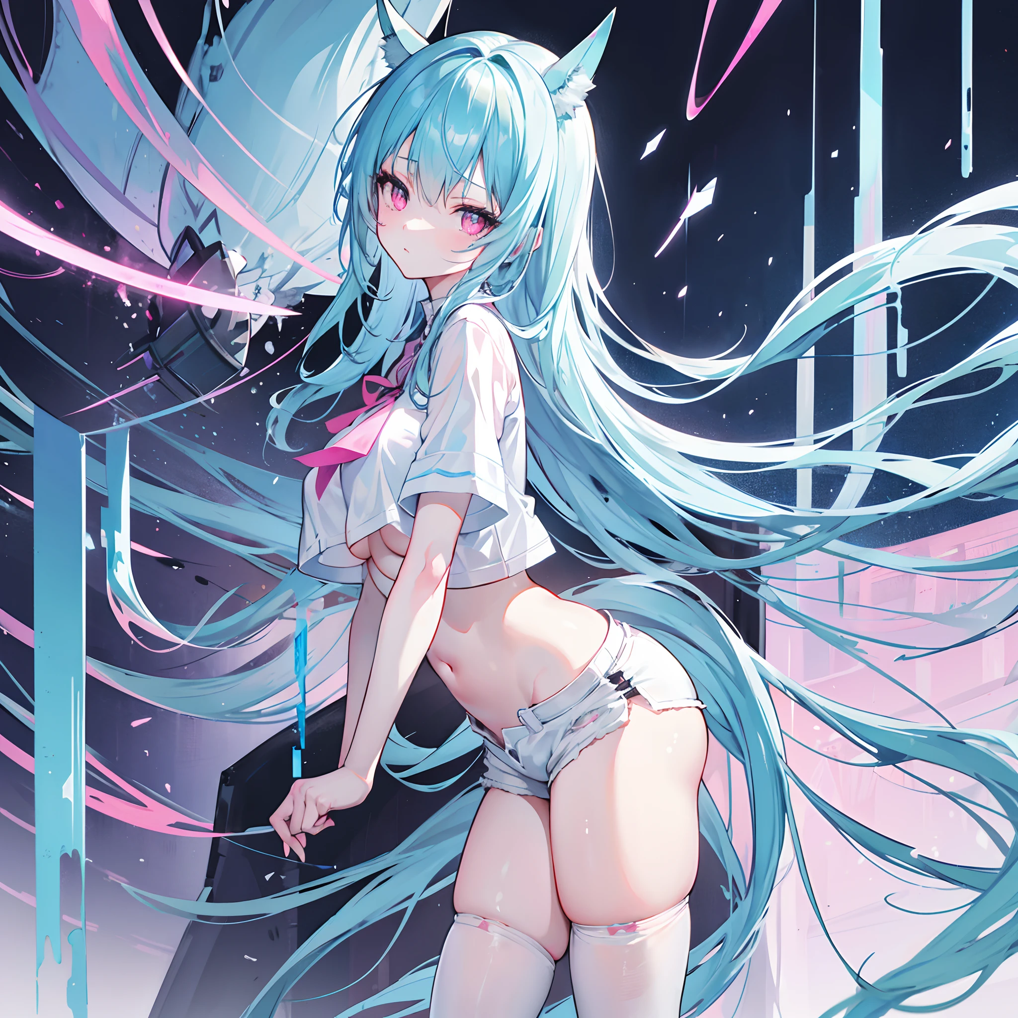 long blue hair,dual horsetail,Microvolumes,Pink eyes,Loving pupils,girl,huge tit,White sports shorts,white short sleeve,Clothes drenched in sweat,Black ripped stockings,succubi,