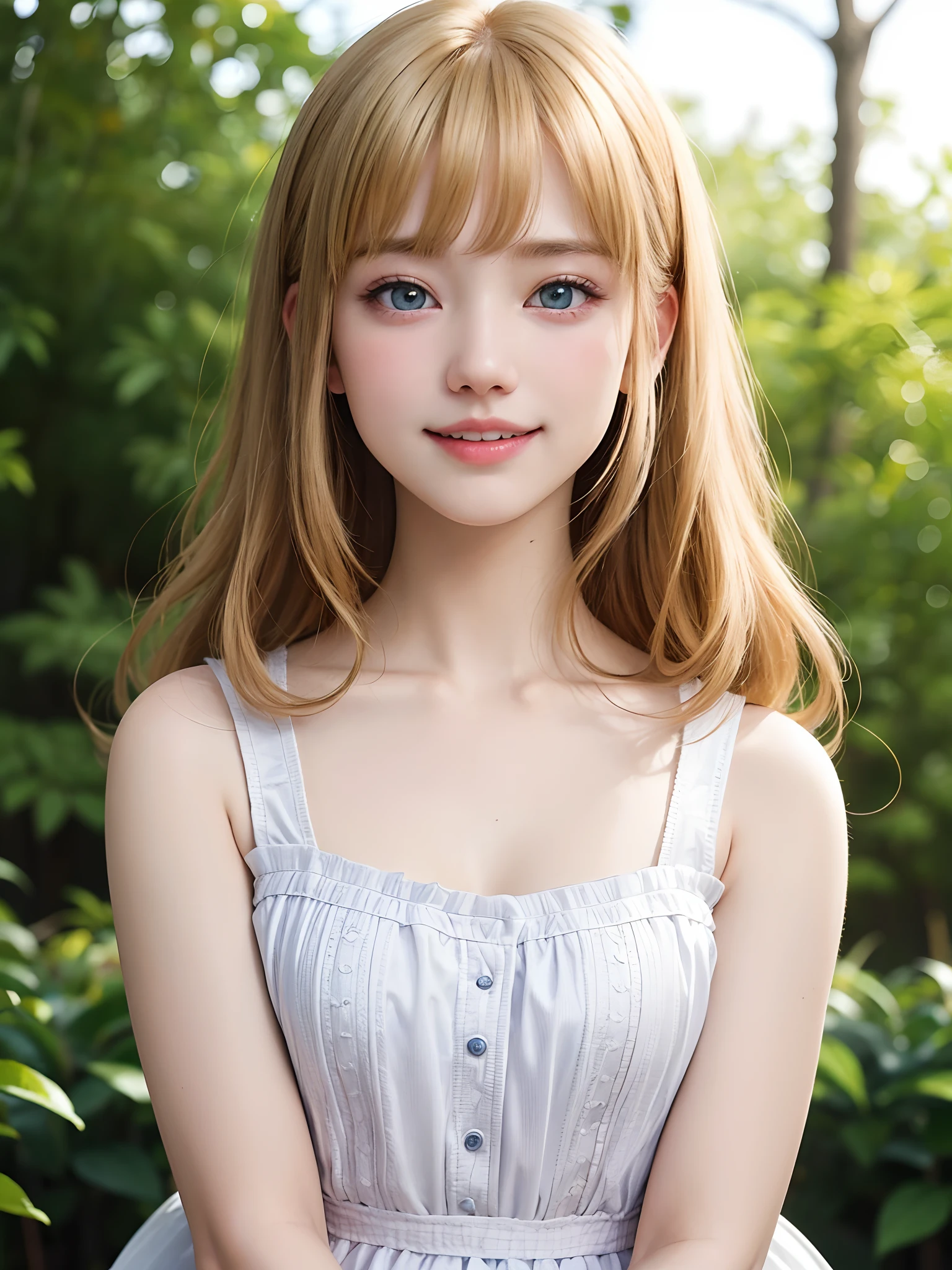 (masuter piece、Best Quality、masutepiece、Cute symmetrical face、Norse man、Beautiful blonde hair with bangs、Very small cute girl、One Very Young Girl、Very young pretty girl、Very young pretty girl、Very small cute girl、Deities々Shii Girl、Very young face、Symmetrical and very cute face、Show off your décolleté)、Beautiful shiny beautiful blonde hair with bangs、Intense crystal light blue eyes、no earrings:1.5、Beautiful white skin、5years old、Very young pretty girl:1.5、Deities々Little pretty girl、Cute white outfit、Very cute girl、happily laughing、Smile happily、The best smile、Beautiful teeth、Beautiful teeth alignment、Beautiful skins、Staring into the distance on the left、Forest with light on beautiful nature background、Deities々Deep forest background、cowboy  shot
