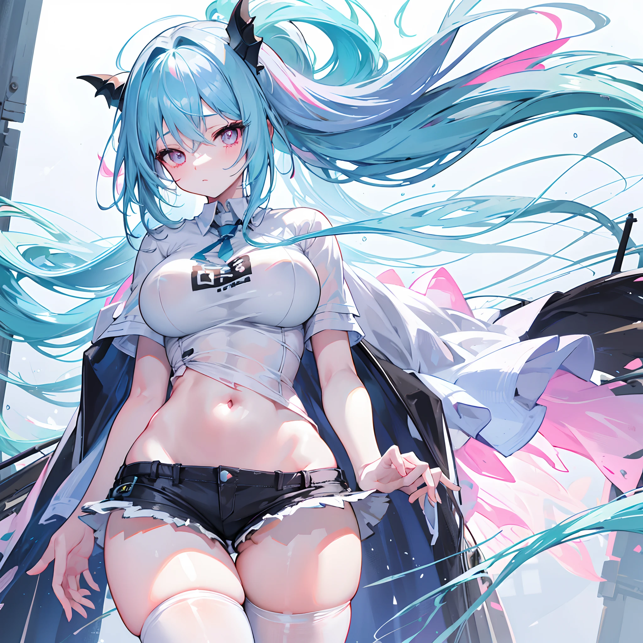 long blue hair,dual horsetail,Microvolumes,Pink eyes,Loving pupils,girl,huge tit,White sports shorts,white short sleeve,Clothes drenched in sweat,Black ripped stockings,succubi,
