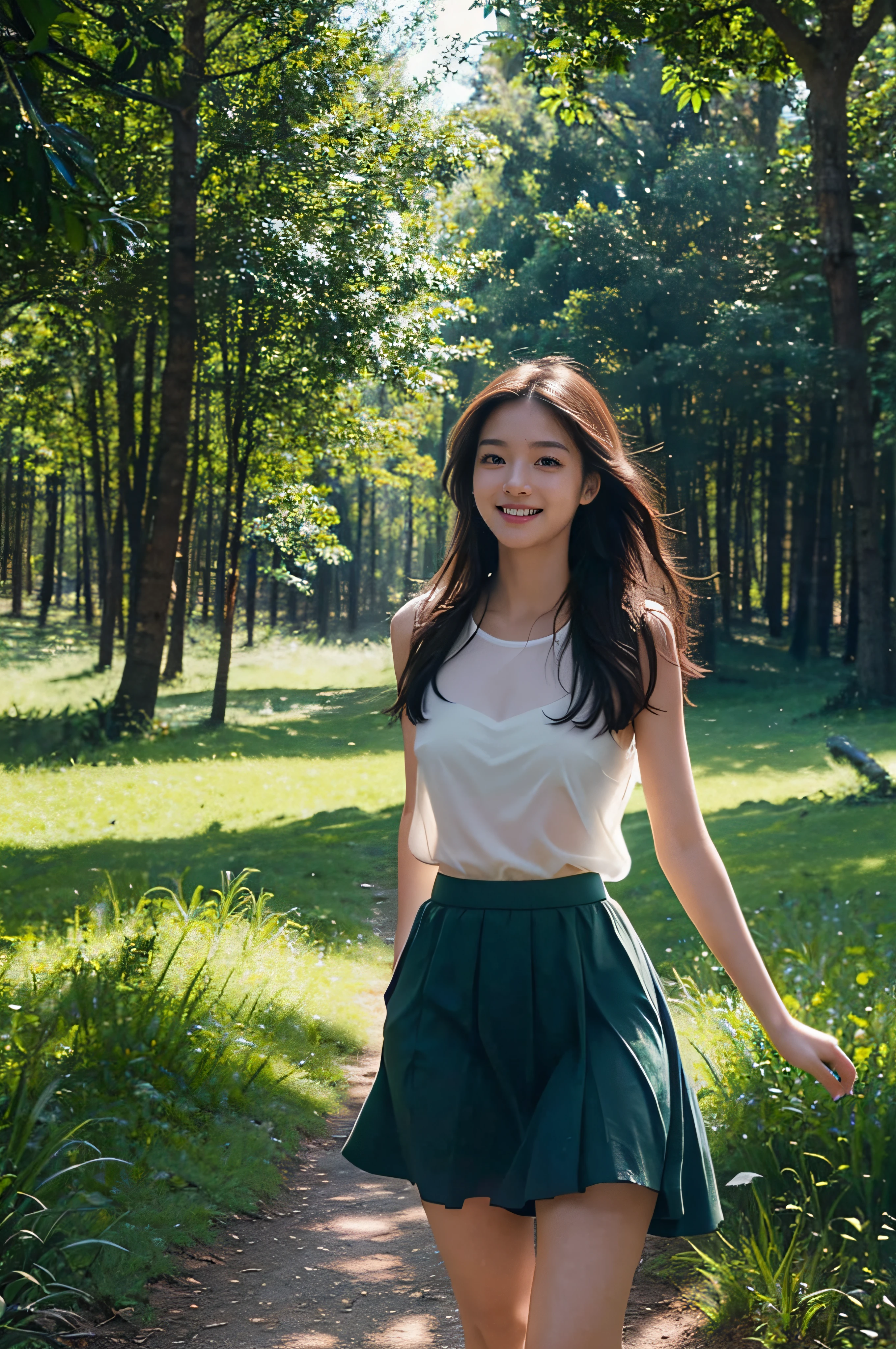High resolution, (Official art, Beautiful and aesthetic: 1.2), Close View, Vast world, girl, Running, Refreshing smile, (No panties), ((Ultra transparent long skirt)), Distant horizon, forest, natural beauty, inspiration, light effect、Camera up close shot、(NSFW: 1.5)