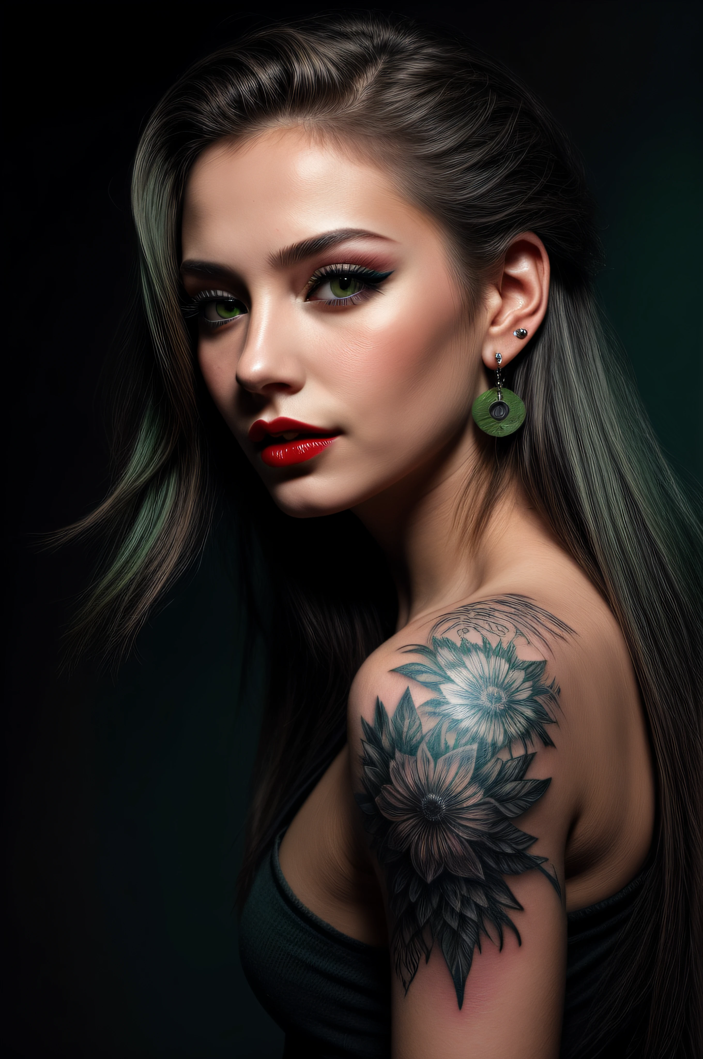 DigiArt Style, 1girl, solo, looking at viewer, long hair, monochrome, greyscale, earrings, red lips, BREAK, deep green eyes, petals, eyelashes, tattoo, makeup, watermark, piercing, ear piercing, portrait,