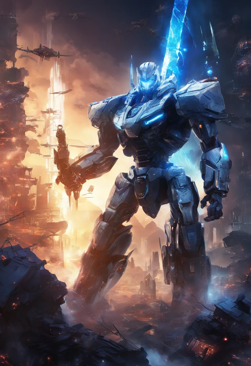 Blue Ghost Hunter, (Giant: 1.6), Super Cool Ghost Killer, Wearing blue mechanical armor, Surrounded by lightning, holding samurai sword, standing at front, super detailed, Realistic, shiny, Reflective, bio luminescent, Galaxy Control Mask, mechs, (The executioner was hanged:1.2), Cape, SH4G0D, GlowingRunes_Red, Full body, movie, Dark background, Backlight, High contrast, Advanced metropolis、cosmic space、Robots only、(Planes:1.3)