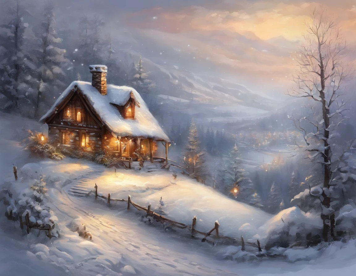 Winters，christmas，nevando，snow covered，snowflower，A painting of a house surrounded by trees and snow and ice, Tano，Small groves，Snowy mountains in the distance，Amazing wallpapers, fundo de casa, Beautiful Christmas dress house, Beautiful wallpaper, High quality wallpaper, amazing background, beautiful detailed pixel art, detailed scenic view，anime countryside landscape, Paintings by Arthur Penn, Detailed art, Beautiful depiction, Highly detailed illustration,8K，high detailed digital art，bird's eyes view，down view，Enjoy panoramic views from the air