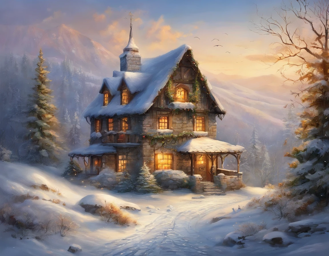 Winters，christmas，nevando，snow covered，snowflower，A painting of a house surrounded by trees and snow and ice, Tano，Small groves，Snowy mountains in the distance，Amazing wallpapers, fundo de casa, Beautiful Christmas dress house, Beautiful wallpaper, High quality wallpaper, amazing background, beautiful detailed pixel art, detailed scenic view，anime countryside landscape, Paintings by Arthur Penn, Detailed art, Beautiful depiction, Highly detailed illustration,8K，high detailed digital art，bird's eyes view，down view，Enjoy panoramic views from the air