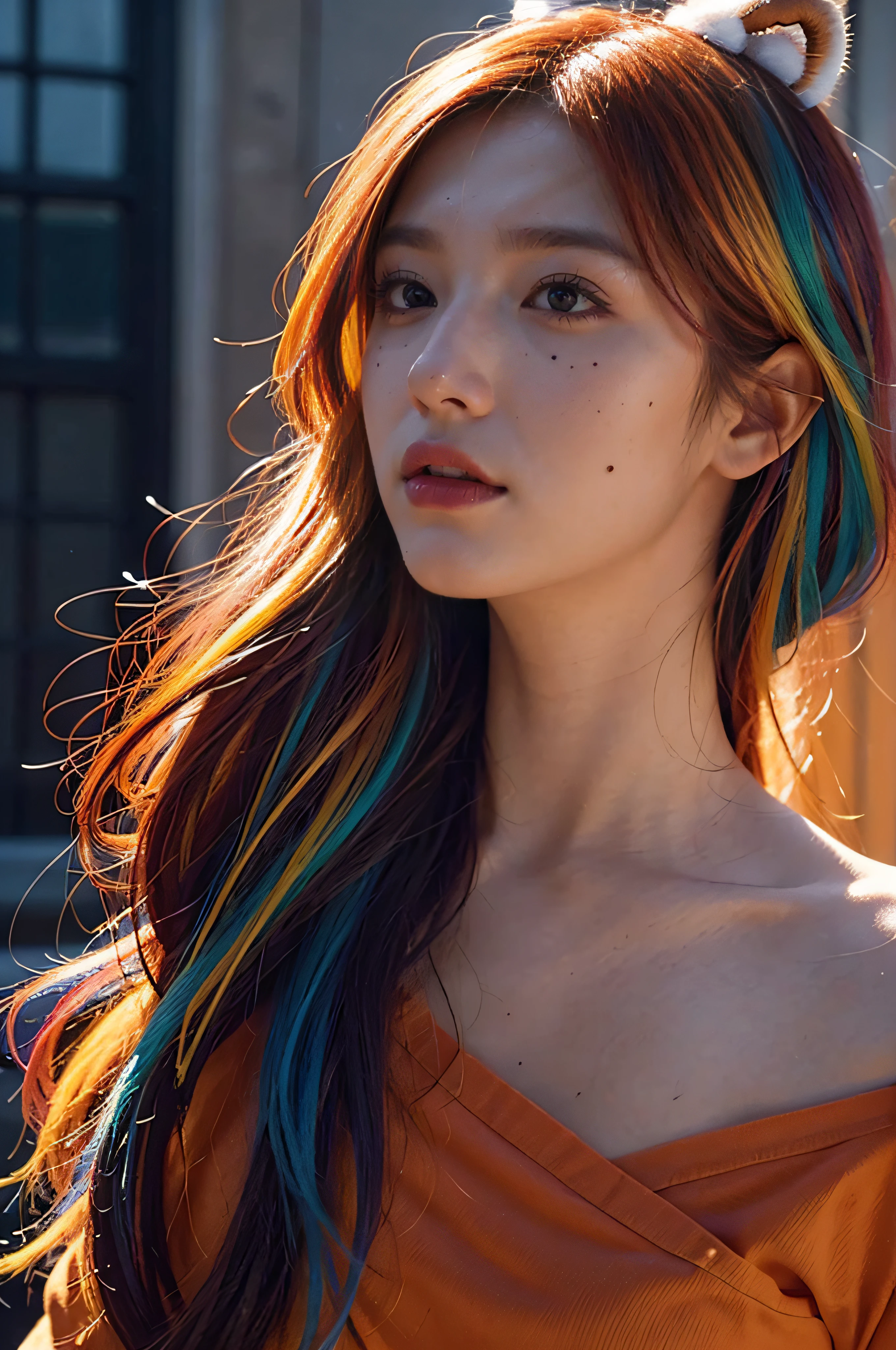 multicolored hair, Gradient Hair, carrot hair ornament, Mole under the eyes, Amber eyes, high detailing, Verism, Hyper-Realism, Contemporary art, Cinematic lighting, spark of light, Wide Shot, F/1.2, Best Quality, awardwinning, 8K, Super Detail, nffsw