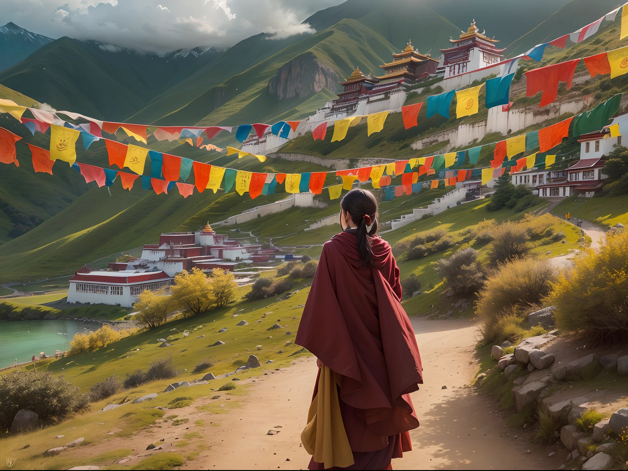 (Best quality,4K,8K,A high resolution,Masterpiece:1.2),Ultra-detailed,Realistic:1.37,Girl in the garden,Beautiful detailed eyes,beautiful detailed lips,Extremely detailed eyes and face,Long eyelashes,mediating:landscape,Photography,Tibet,Tibetan culture,Tibetan landscape,Peaceful mountains,Clear blue sky,Warp flags flutter in the wind,Snow-covered peaks,golden rays of sunlight,Peaceful atmosphere,Traditional Tibetan costumes,Colorful traditional umbrellas,Breathtaking landscapes,Dramatic cliffs,Enchanted Valley,Pristine lake,Reflection of mountains in the water,Vibrant green meadows,Herds of yaks grazing,Spiritual journey,Ancient monastery decorated with prayer wheels and colorful decorations,The majestic Potala Palace,Peaceful Buddhist temple,A roof covered with prayer flags,A monk of peace in a maroon robe,Sweet smell,peacful,Harmony with nature,A deep connection to spirituality and culture