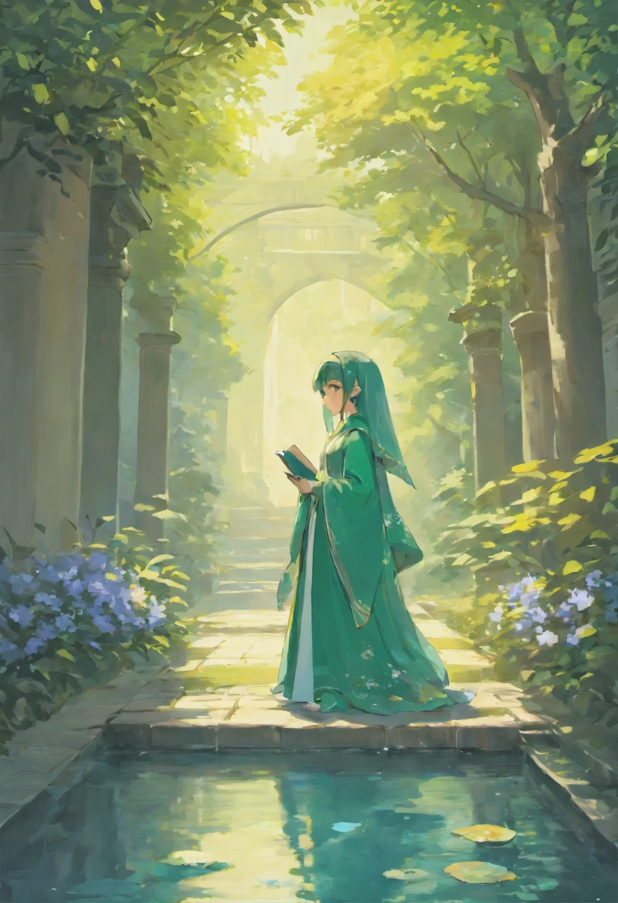 A young Persian woman wears a flowing green gamis abaya and hijab, sits in a quiet courtyard beside a persian garden pond , reading a book. Sunlight shines through the branches of a tree, casting dappled shadows on her face, . Her gamis abaya is embroidered with intricate gold and silver threads. She wears a delicate necklaceThe garden is lush and green, towering trees and colorful flowers. A fountain gurgles in the distance, dark cyan and indigo color theme