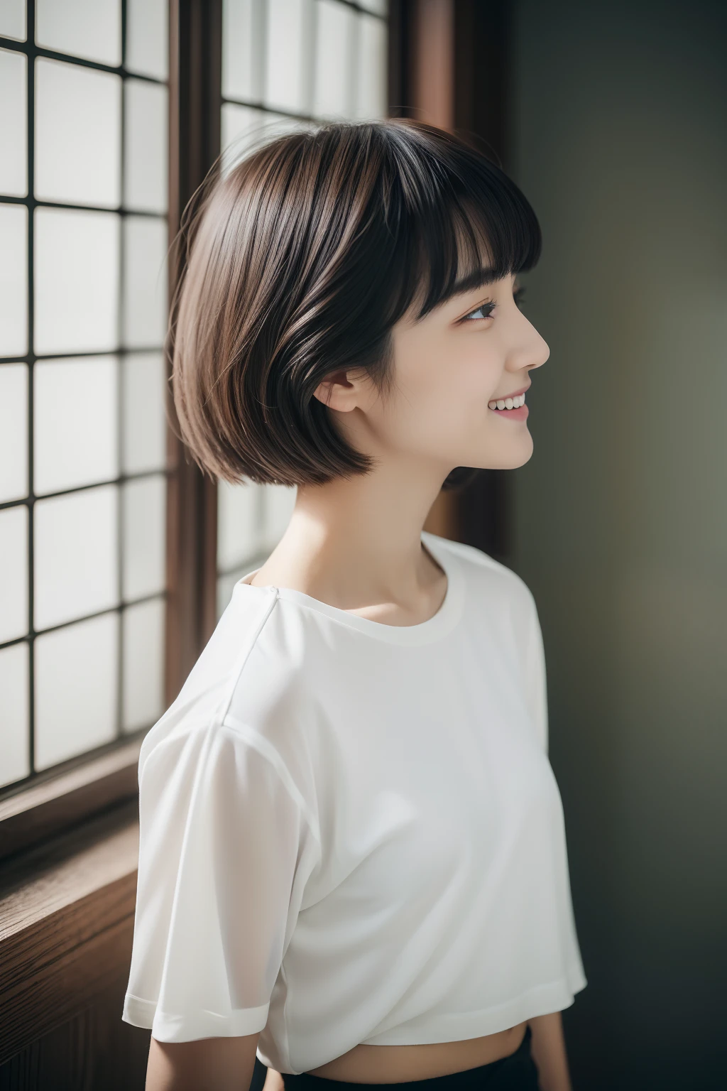 top-quality、masterpiece、20yr old、Bedroom、boyish、Boyish girl、Cool Girl、short-hair、A dark-haired、Masculine fashion、4k、8K、White shirt with peony open、Black panties on lower body、Clear focus、A detailed eye、Natural smile、profile