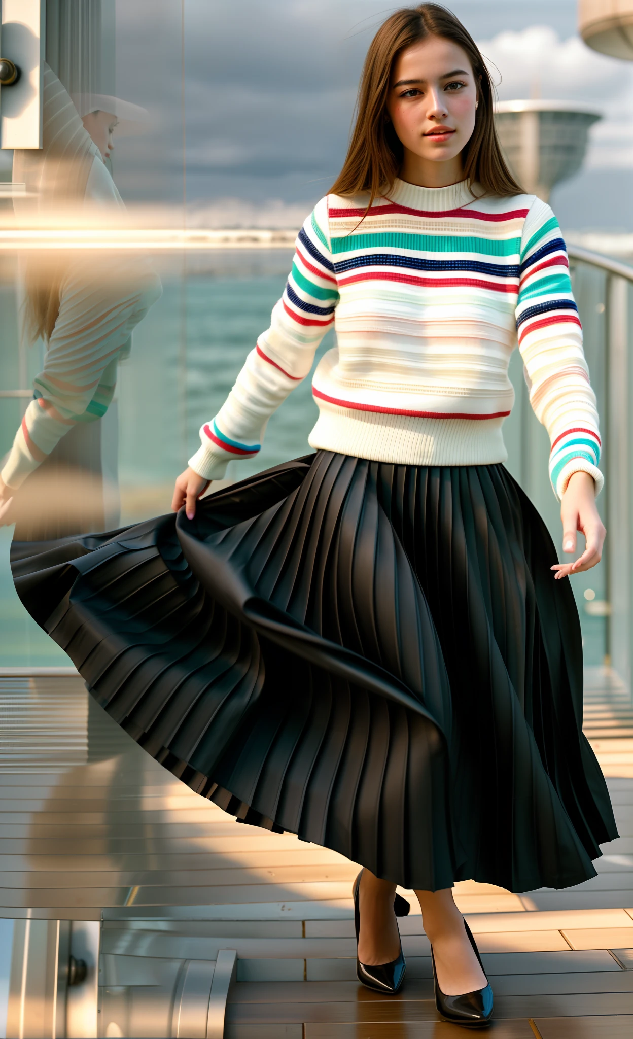 1991, very (seductive:1,9) young girl wearing short blazer and very very detailed (long (fully pleated) full circle skirt) and (simple) low heeled office shoes, very very intricate hyper-detailed symmetric (attractive graceful young feminine face) with (sad, tired eyes and a shy smile), large breasts, full of empathy and compassion and love, (pronounced (feminine) features), (highly detailed ultra accurate realistic) hands and fingers, playing with skirt, dancing, (windy conditions and wind blowing), epic composition, highly detailed attributes, highly detailed atmosphere, (35mm f1.4 Kodak portra 400 photograph), extremely high quality RAW photograph,