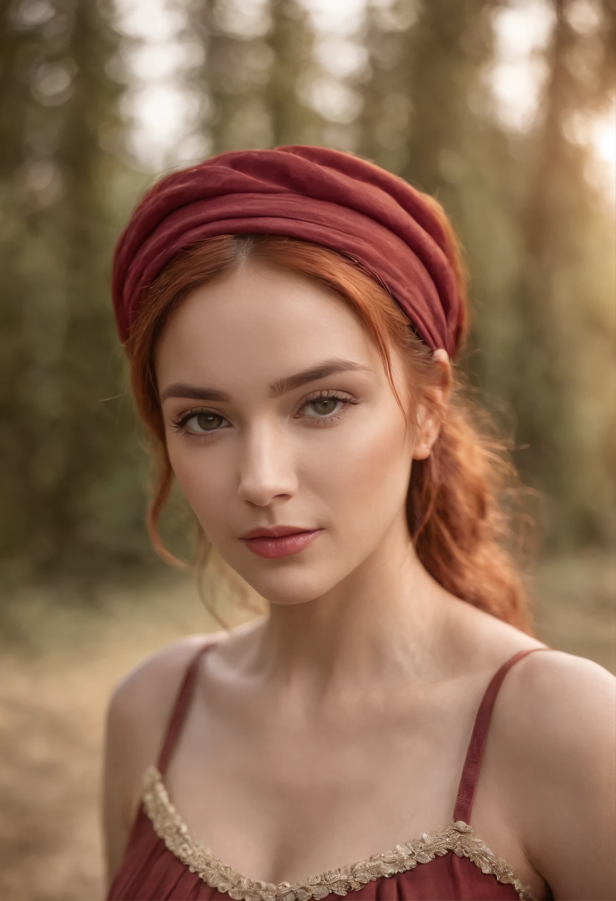 Women, brown skin, headband, red hair, realistic pleated skirt, western style