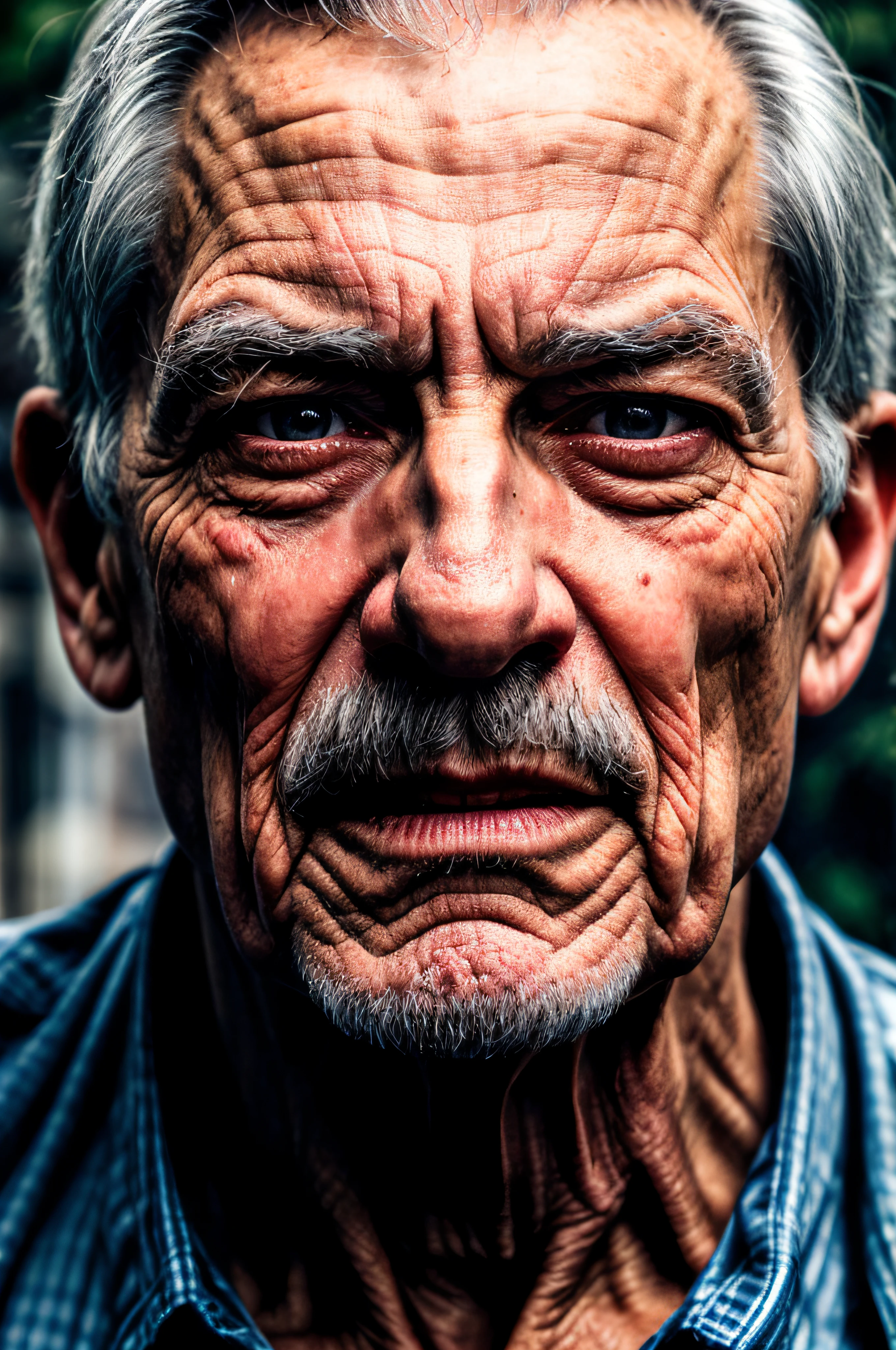 portrait of a a old man looks menacingly at the viewer, close-up, portrait, high detail. wrinkles on the face, skin pores. a slight smile. high detail. detailed background. photorealism.