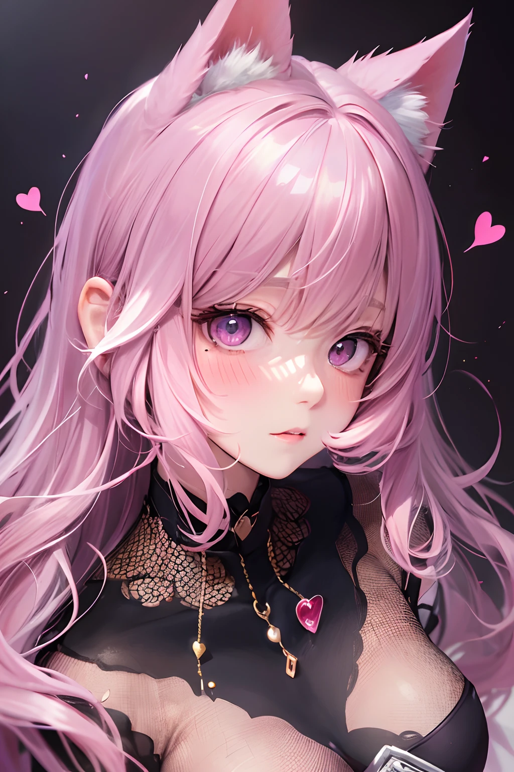 striated hair,Pink twin-tailed hair, Mole under the eyes, mole under mouth, Heart-shaped pupil, longeyelashes, Pink eyes, Heart-shaped choker、full body Esbian、gazing at viewer、Shy, blush, tusk, ear blush, nose blush,Anime style, Color Field Painting, Ray tracing, bloom, One-person viewpoint, nffsw, awardwinning, 16 K, Best Quality, high details, High quality, masutepiece, hight resolution, ccurate, Super Detail、Cat without ears