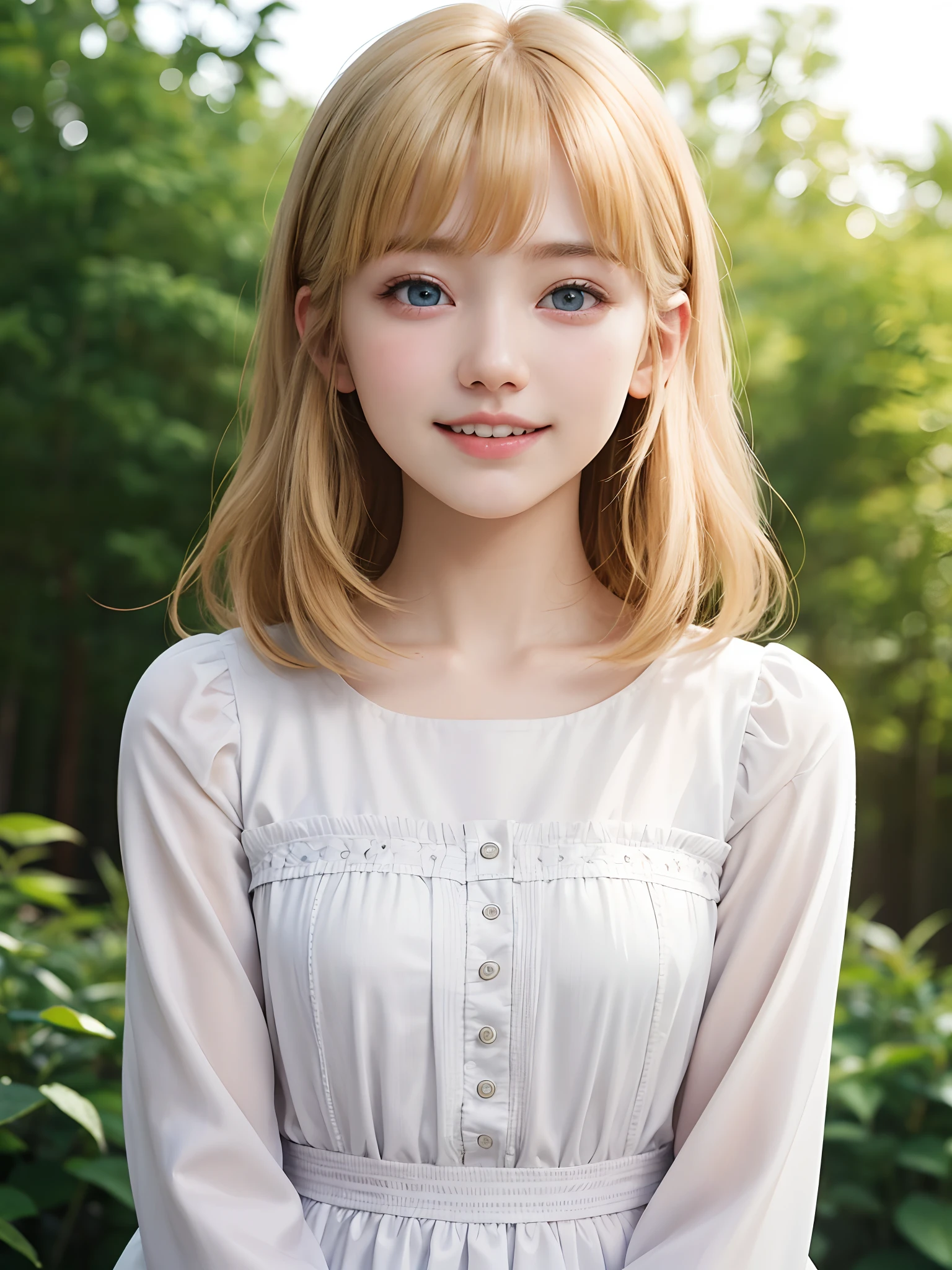 (masuter piece、Best Quality、masutepiece、Cute symmetrical face、Norse man、Beautiful blonde hair with bangs、Very small cute girl、One Very Young Girl、Very young pretty girl、Very young pretty girl、Very small cute girl、Deities々Shii Girl、Very young face、Symmetrical and very cute face、Show off your décolleté)、Beautiful shiny beautiful blonde hair with bangs、Very Shorthair:1.2、Intense crystal light blue eyes、no earrings:1.5、Beautiful white skin、5years old、Very young pretty girl:1.5、Deities々Little pretty girl、Cute white outfit、Very cute girl、happily laughing、Smile happily、The best smile、Beautiful teeth、Beautiful teeth alignment、Beautiful skins、Staring into the distance on the left、Forest with light on beautiful nature background、Deities々Deep forest background、cowboy shot