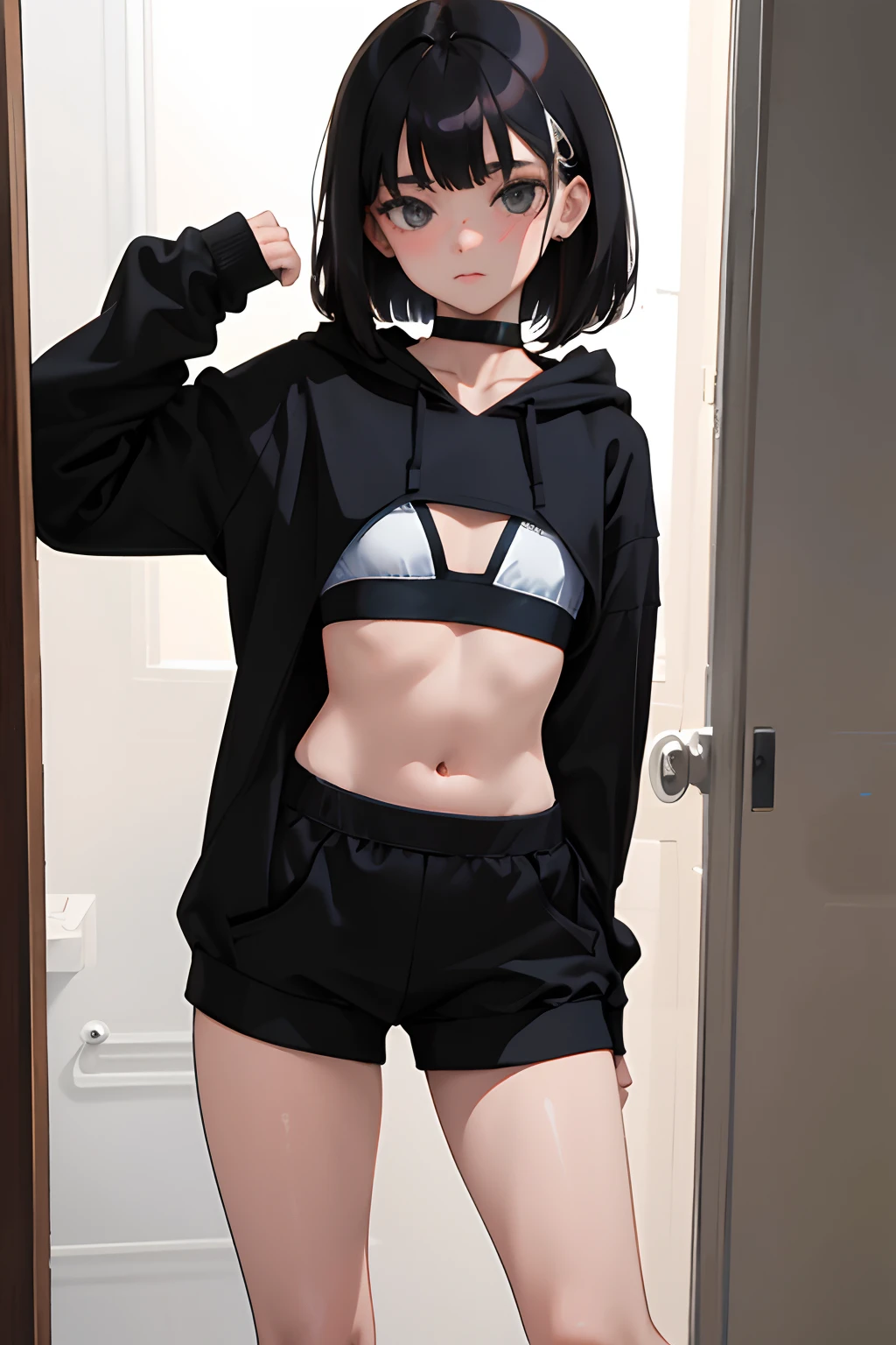 （​masterpiece，Highest Quality），(child)，(Sportsbra，Long black hoodie)，(A dark-haired，Medium bob)，embarrassed from，Delicate body