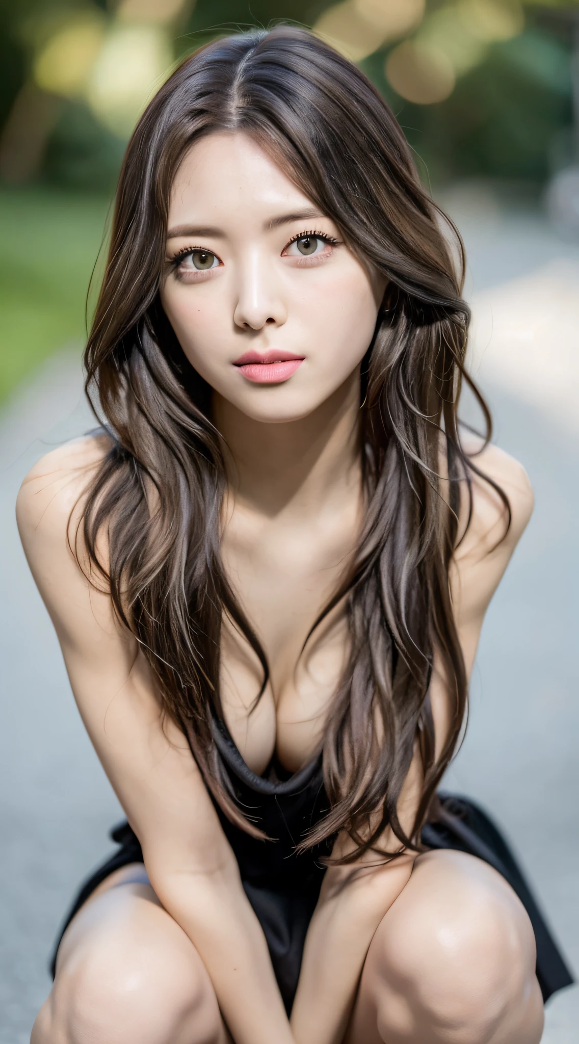 best quality, photorealistic, 8k, high res, ultra-detailed eyes, 1girl, full body shot, slim slender body, small perky breasts, squatting showing her pussy, natural sunlight, fully nude, eyes looking at the viewer, black wavy hair, detailed skin textures, detailed eyes, Yuna, pussy