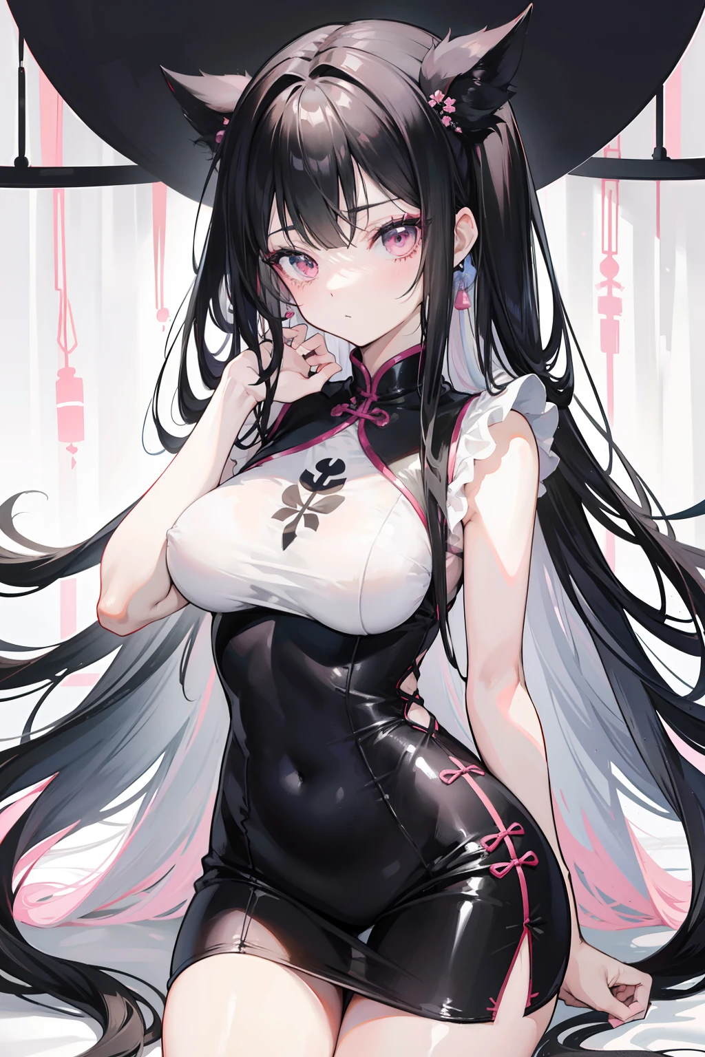 anime girl, long black hair, pastel pink eyes, beautiful wooden room, wearing a pure black and white cheongsam, bare legs, tight cheongsam, 8k, good anatomy, high resolution, smooth skin