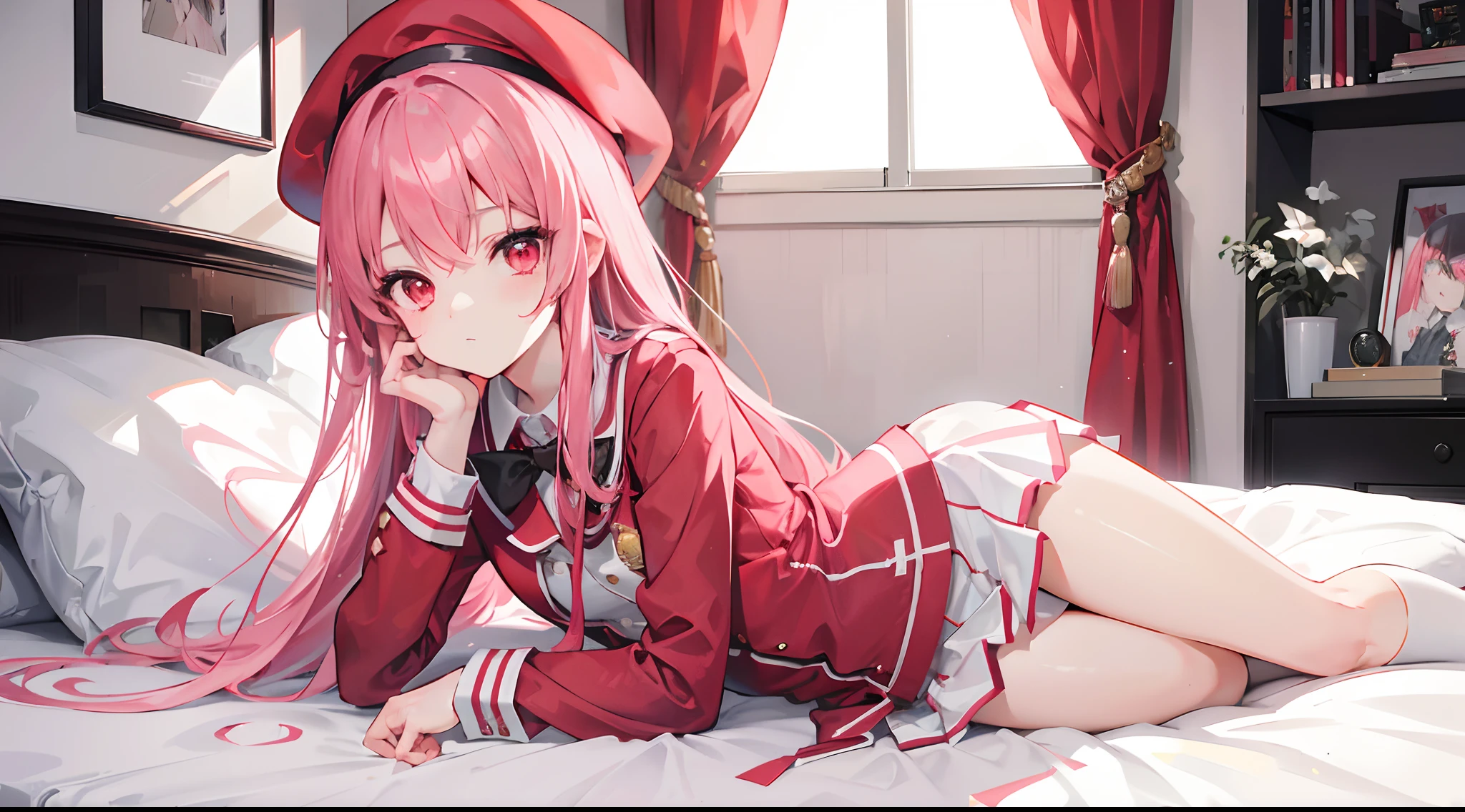 1girl, long pink hair, red eyes, slim body, small chest size, wearing school uniform with red beret hat, sitting on bed in room like student dorm, absurdres, high res, ultrasharp, 8K, masterpiece, looking at viewer