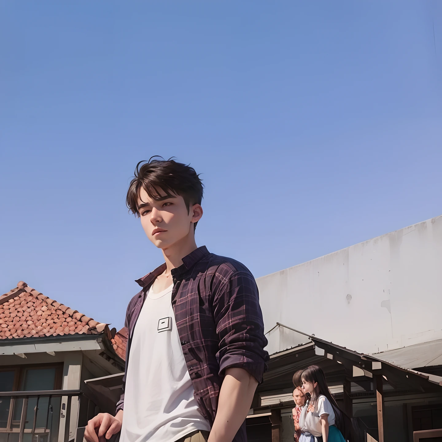 {{Male and female couples}}、Stairs in the house、sitting on stairs、Girl in white blouse and tight skirt、Man's cold gaze、Boys' School Uniform、Put your hands around your waist